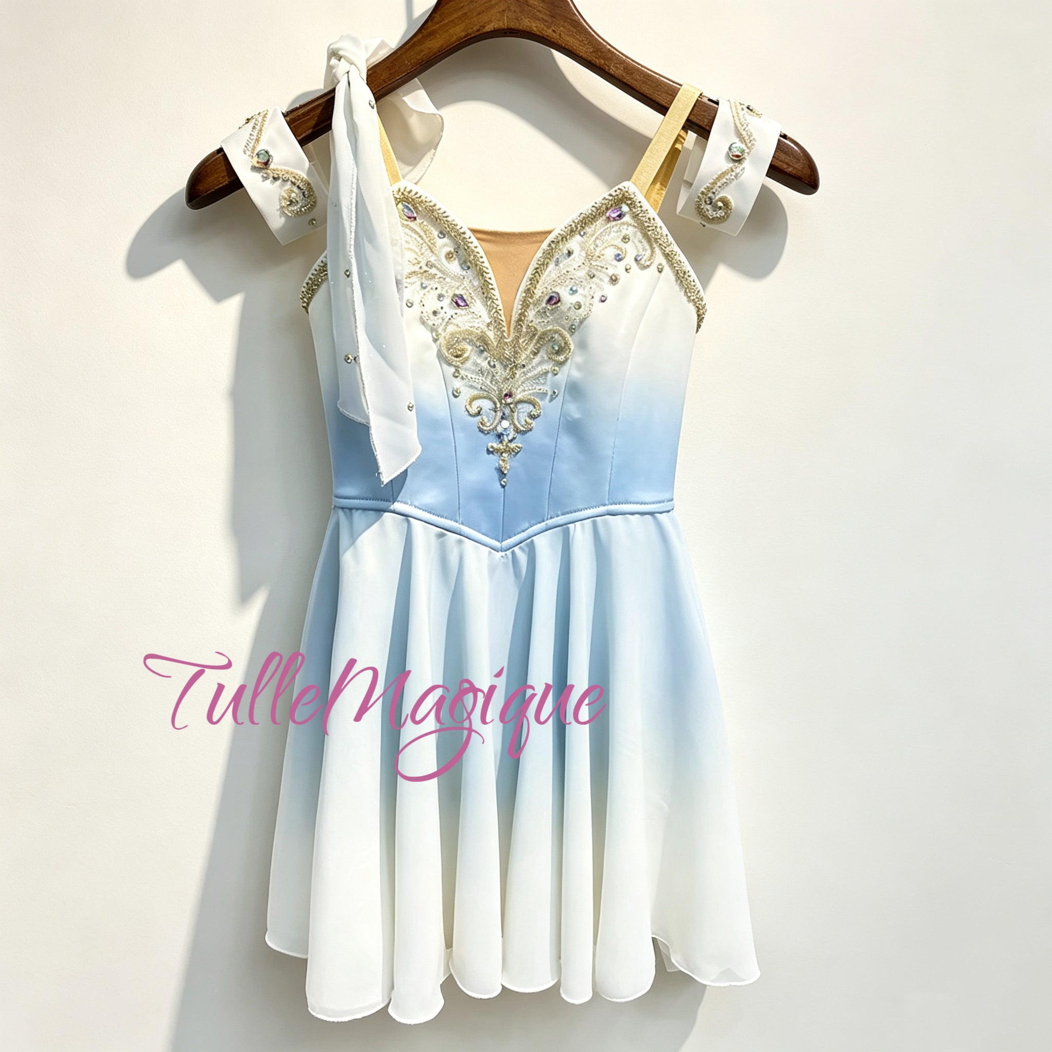 ⁠Professional blue and white gradient Grecian Chiton ballet costume by TulleMagique for Talisman, Spring Waters and Cupid variations at YAGP competition
