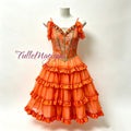 Made-to-measure bright orange Spanish gypsy character ballet dress featuring leaf-patterned bodice and ruffled romantic  tutu skirt, gold trims, spanish style character dance costume.