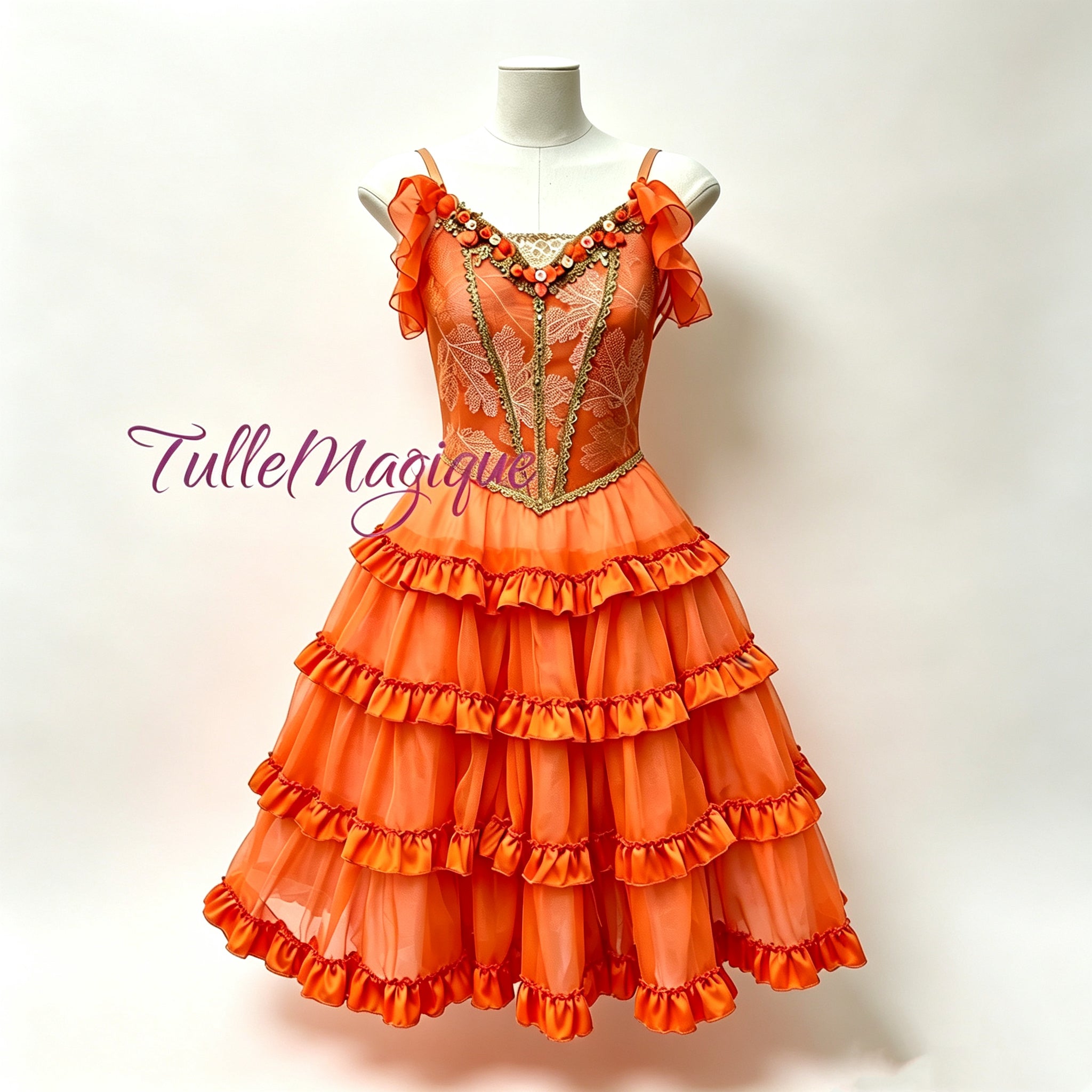Made-to-measure bright orange Spanish gypsy character ballet dress featuring leaf-patterned bodice and ruffled romantic  tutu skirt, gold trims, spanish style character dance costume.