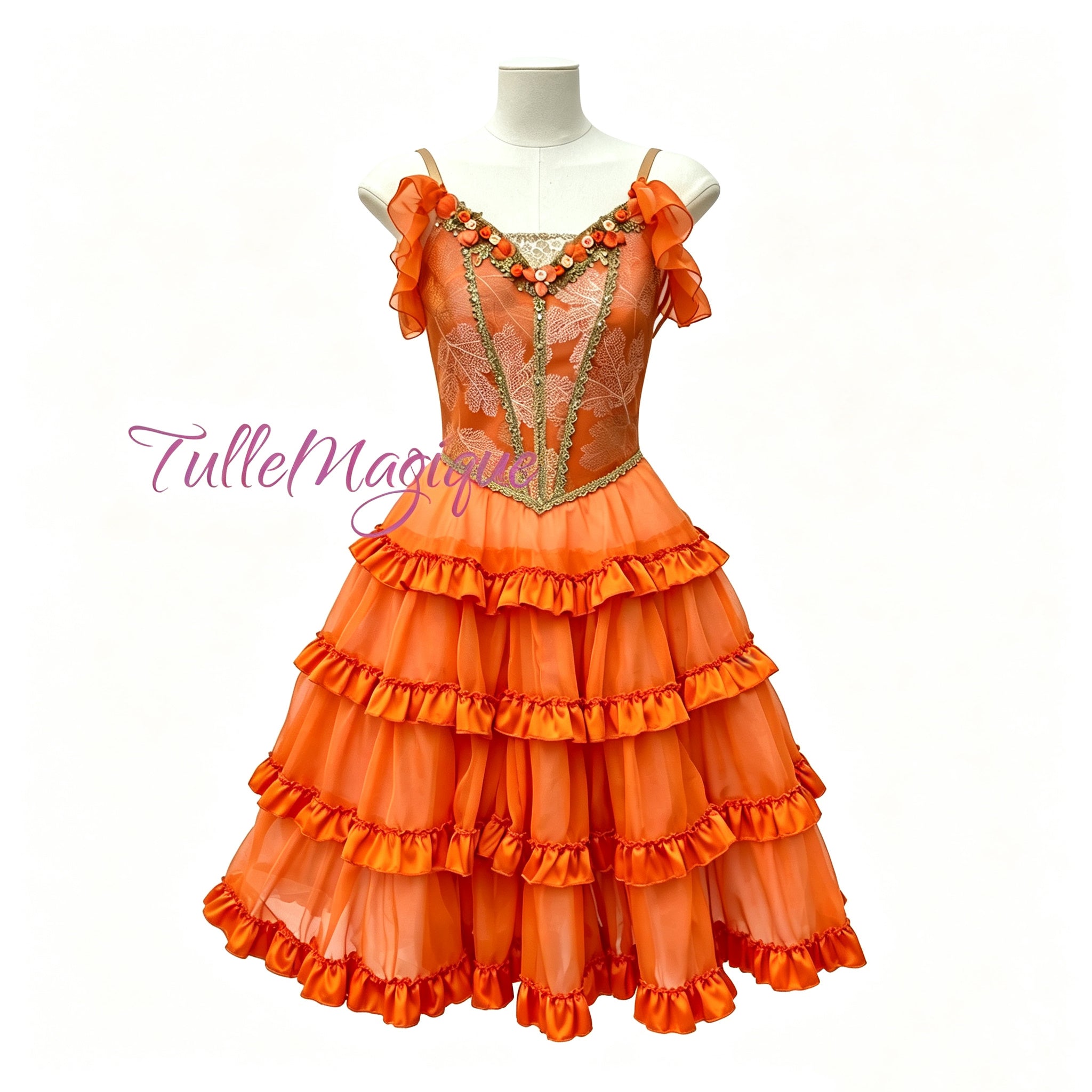 Made-to-measure bright orange Spanish gypsy character ballet dress featuring leaf-patterned bodice and ruffled romantic  tutu skirt.