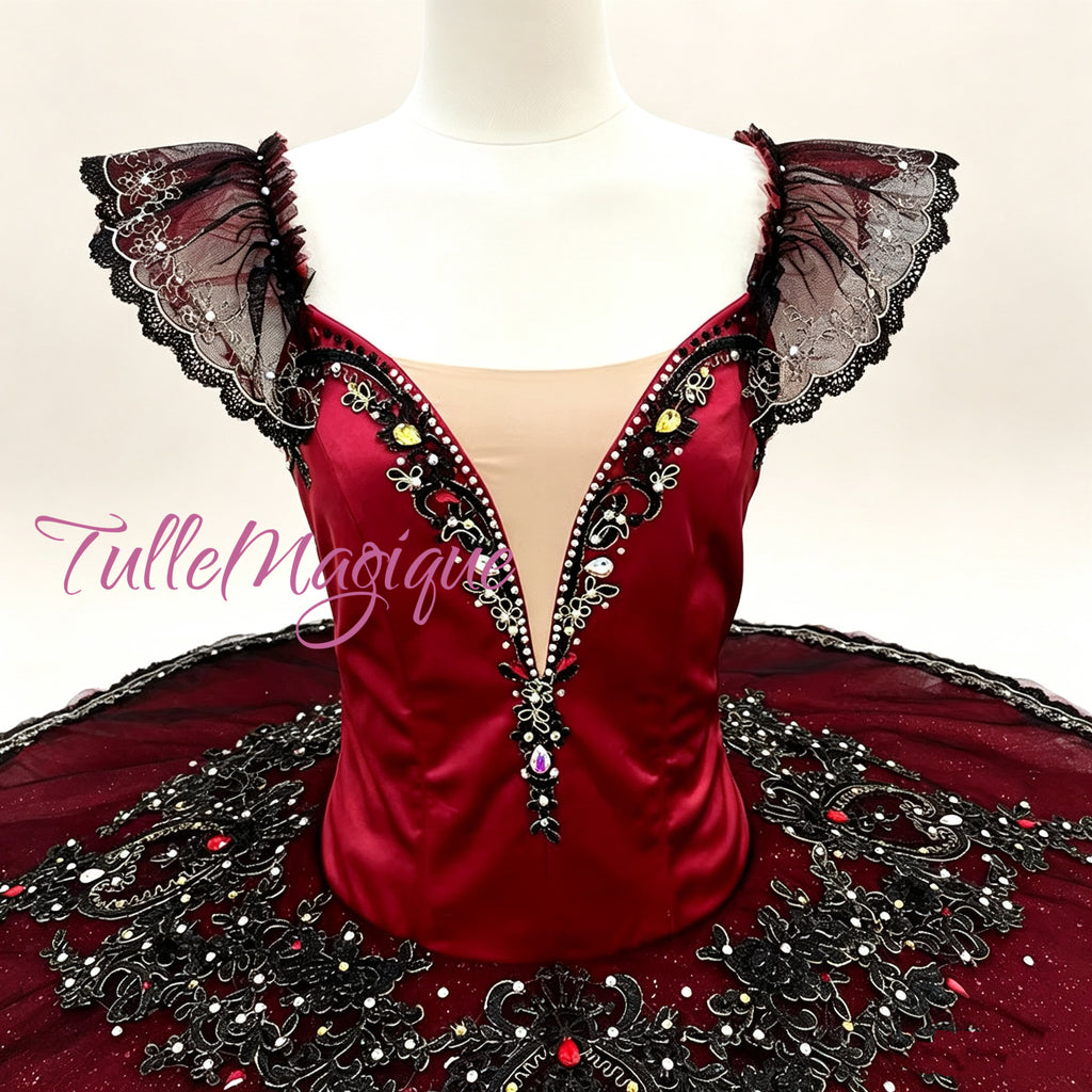 Deep Burgundy Dark red ballet tutu with black lace and embellishments suitable for Don Quixote, Esmeralda, and Paquita variations.