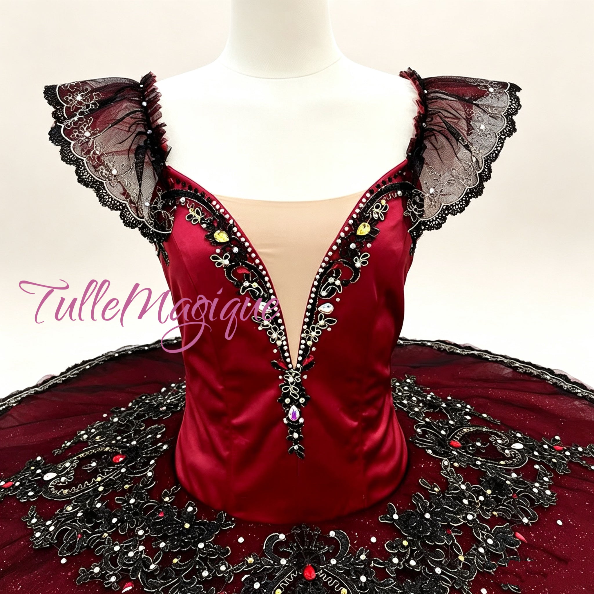 Deep Burgundy Dark red ballet tutu with black lace and embellishments suitable for Don Quixote, Esmeralda, and Paquita variations.