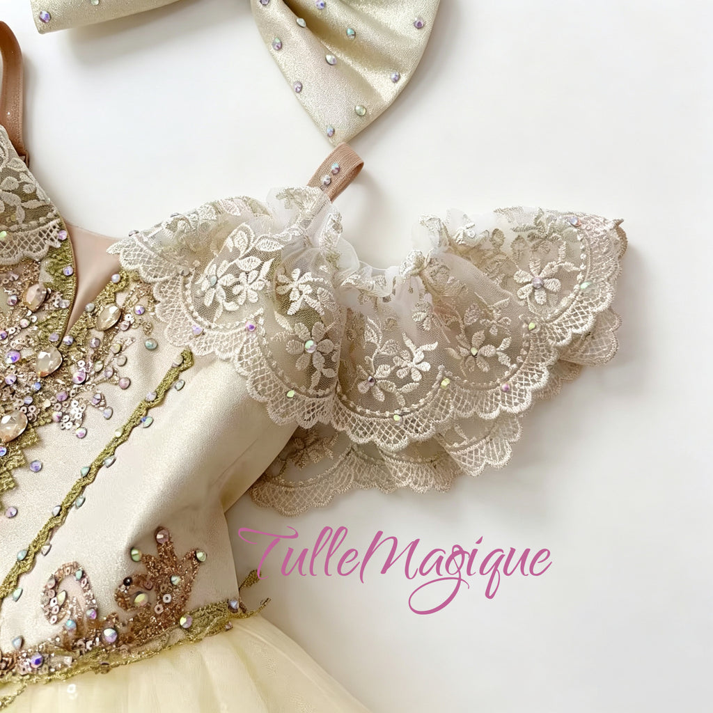 champagne cream tone clara party dress  bodice with lace shoulder