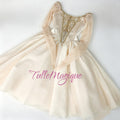 Professional ballet romantic tutu costume in champagne gold color featuring heavy gold embroidery and sheer long sleeves, perfect for Pharaoh's Daughter River Variation, Raymonda Act I Dream Scene and Juliet ballet dress.