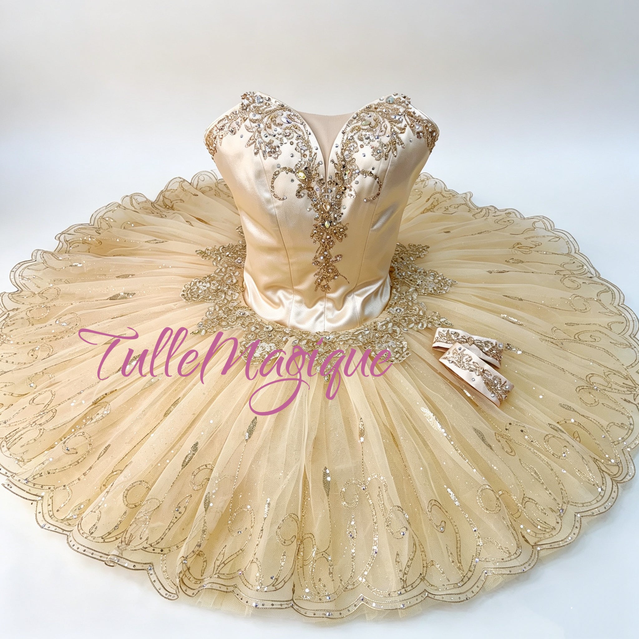 Champagne gold classical ballet tutu with intricate embroidery for professional stage performance gold fairy in the sleeping beauty.