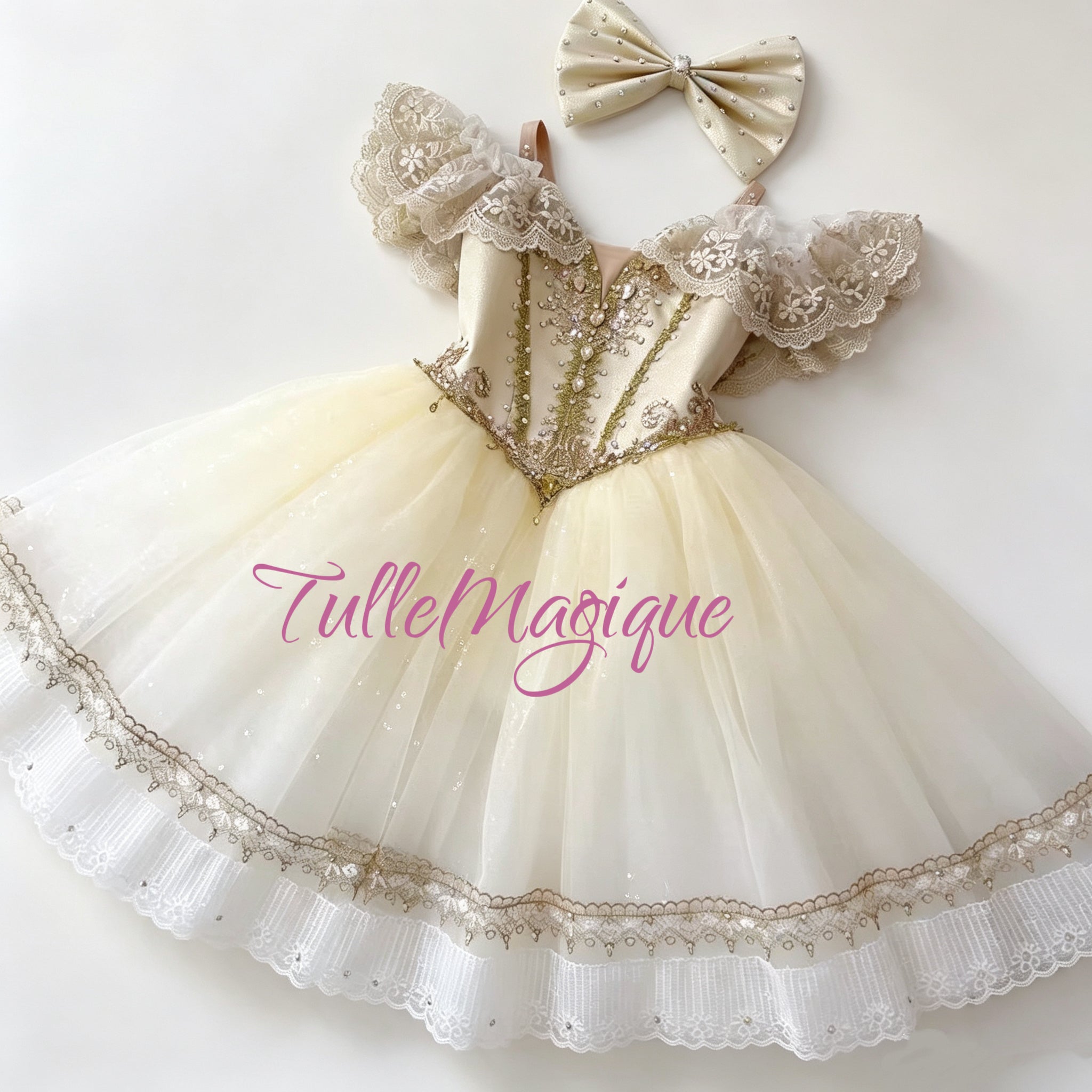 A stunning champagne colored romantic ballet tutu featuring a flowing cream long skirt, gold lace embroidery, and a matching champagne hair bow for Clara or Coppelia and Doll variations.