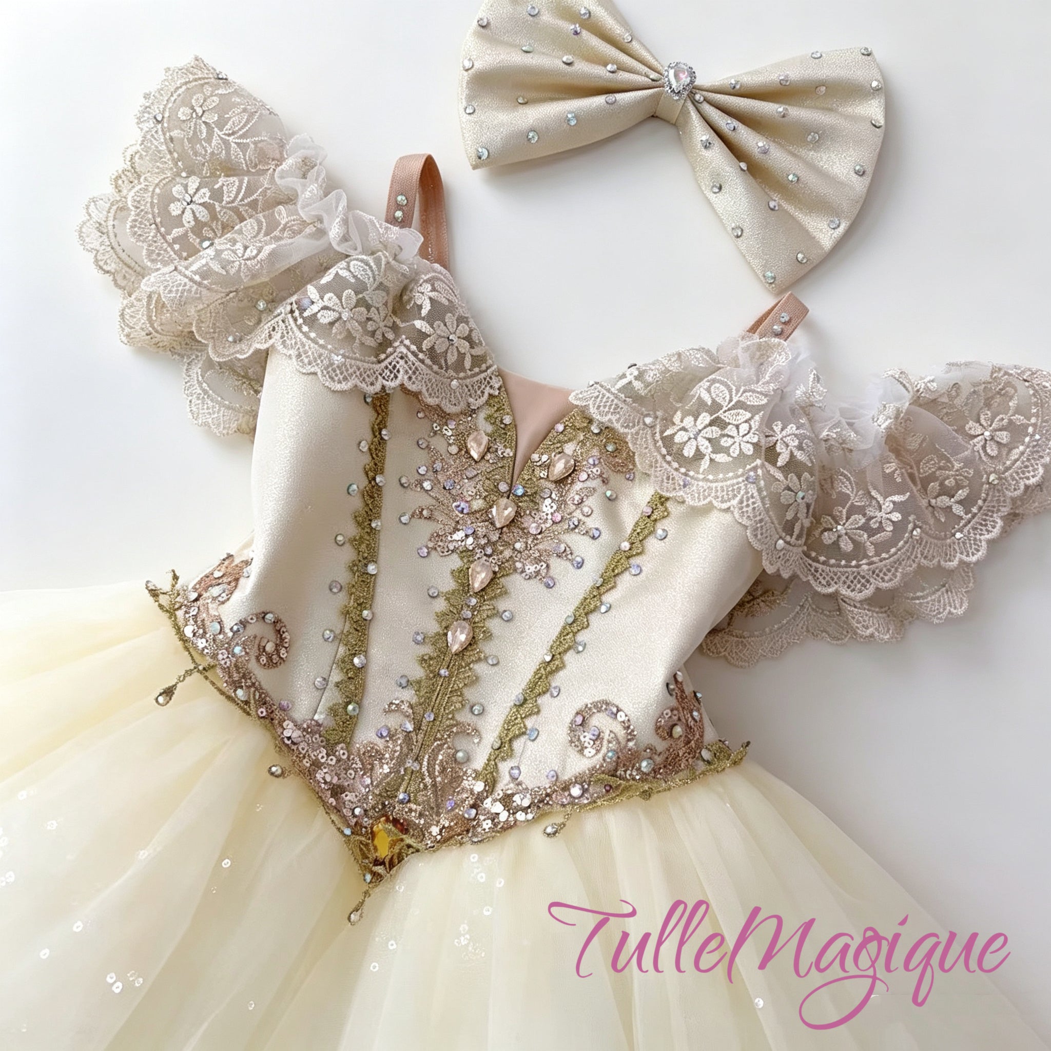 Exquisite champagne gold romantic ballet tutu delicate bodice wiht lace shoulder, and a matching bow headpiece, perfect for Clara, Coppelia, or Fairy Doll variations.