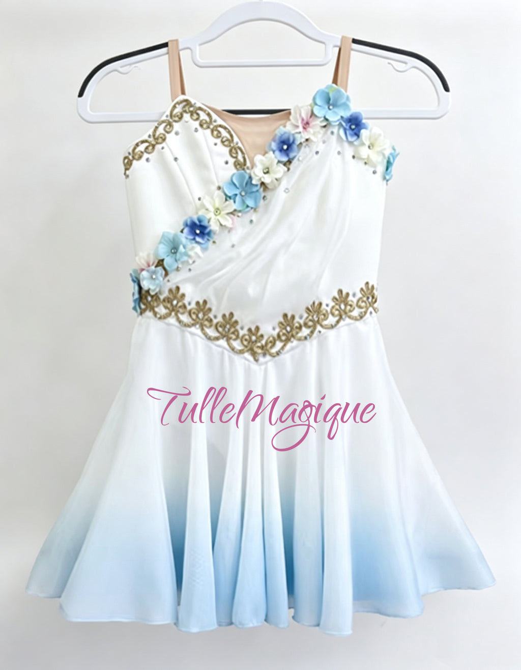 High-quality classical ballet competition solo costume suitable for Cupid or Talisman variations, featuring a beautifully decorated V-neck bodice and lightweight short chiton skirt. White to blue ombré color with 3 D flower decoration.