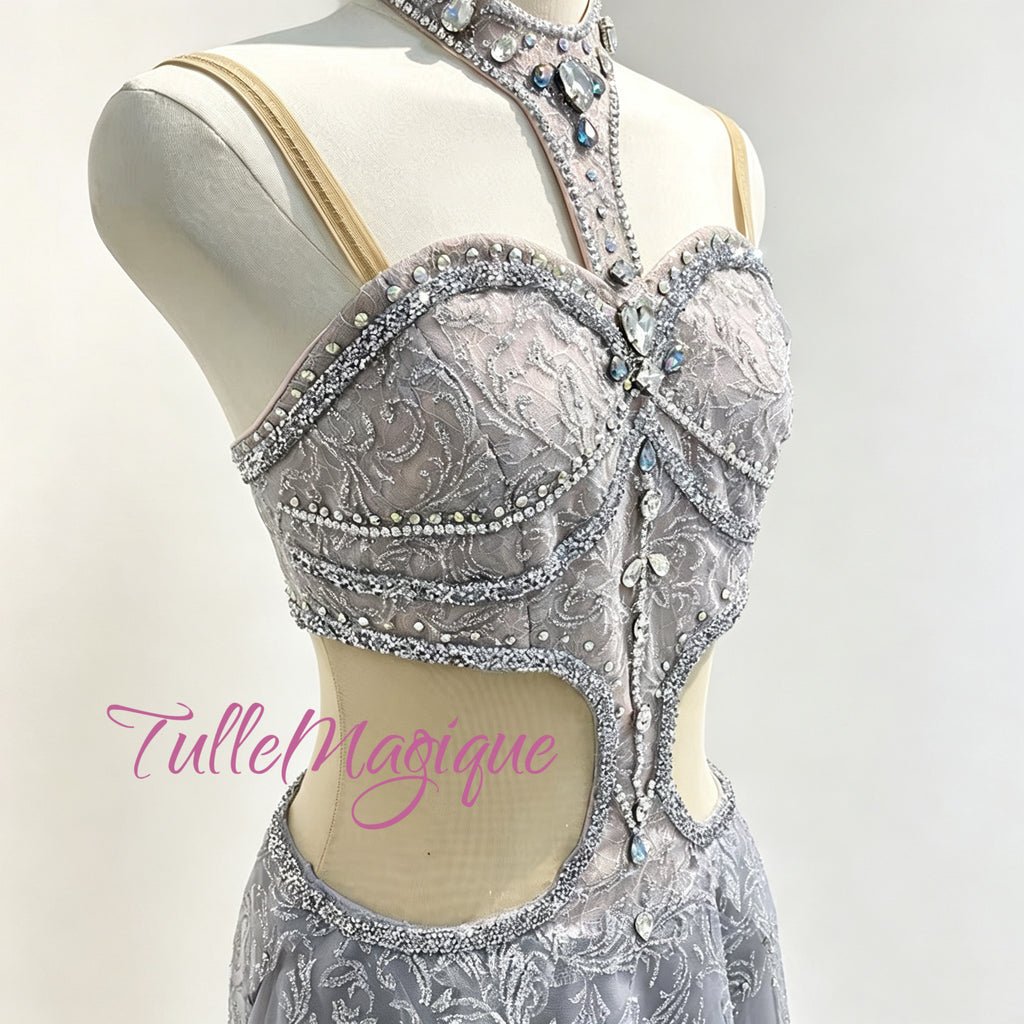 ⁠Close-up of TulleMagique professional ballet bodice featuring heavy silver embroidery, crystals, and matching jeweled halter choker.