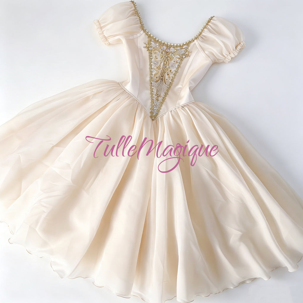Elegant romantic style ballet stage dress in soft cream and gold, perfect for Coppelia Swanhilda doll variation or Fairy Doll ballet competition performance.