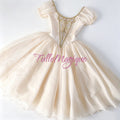 Elegant romantic style ballet stage dress in soft cream and gold, perfect for Coppelia Swanhilda doll variation or Fairy Doll ballet competition performance.