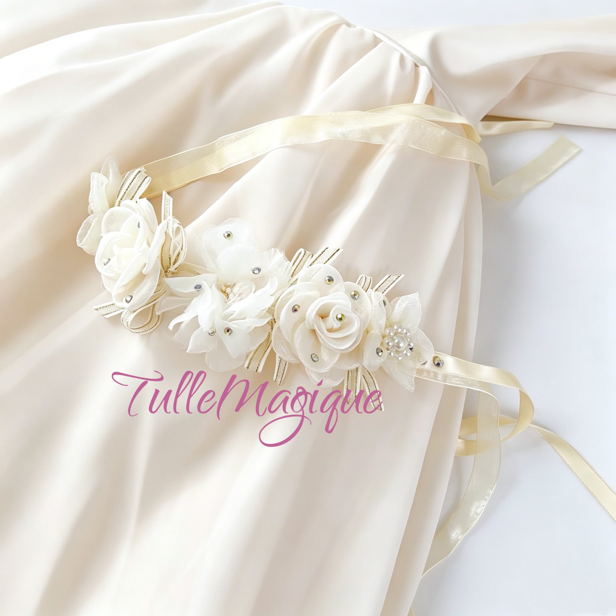Elegant romantic style ballet stage dress in soft cream and gold with 3D flower bun wrap headpiece, perfect for Coppelia Swanhilda ballet competition performance