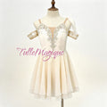 Professional cream-white Cupid variation ballet costume featuring a Grecian chiton style chiffon skirt and silver embellished bodice with crystals for stage performance and YAGP GCD competition 
