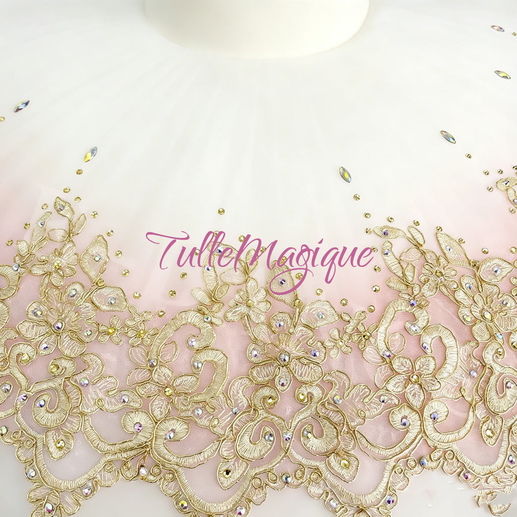 Custom professional ballet competition stage costume, multi-layered white and pink pancake tutu with exquisite gold detailing.