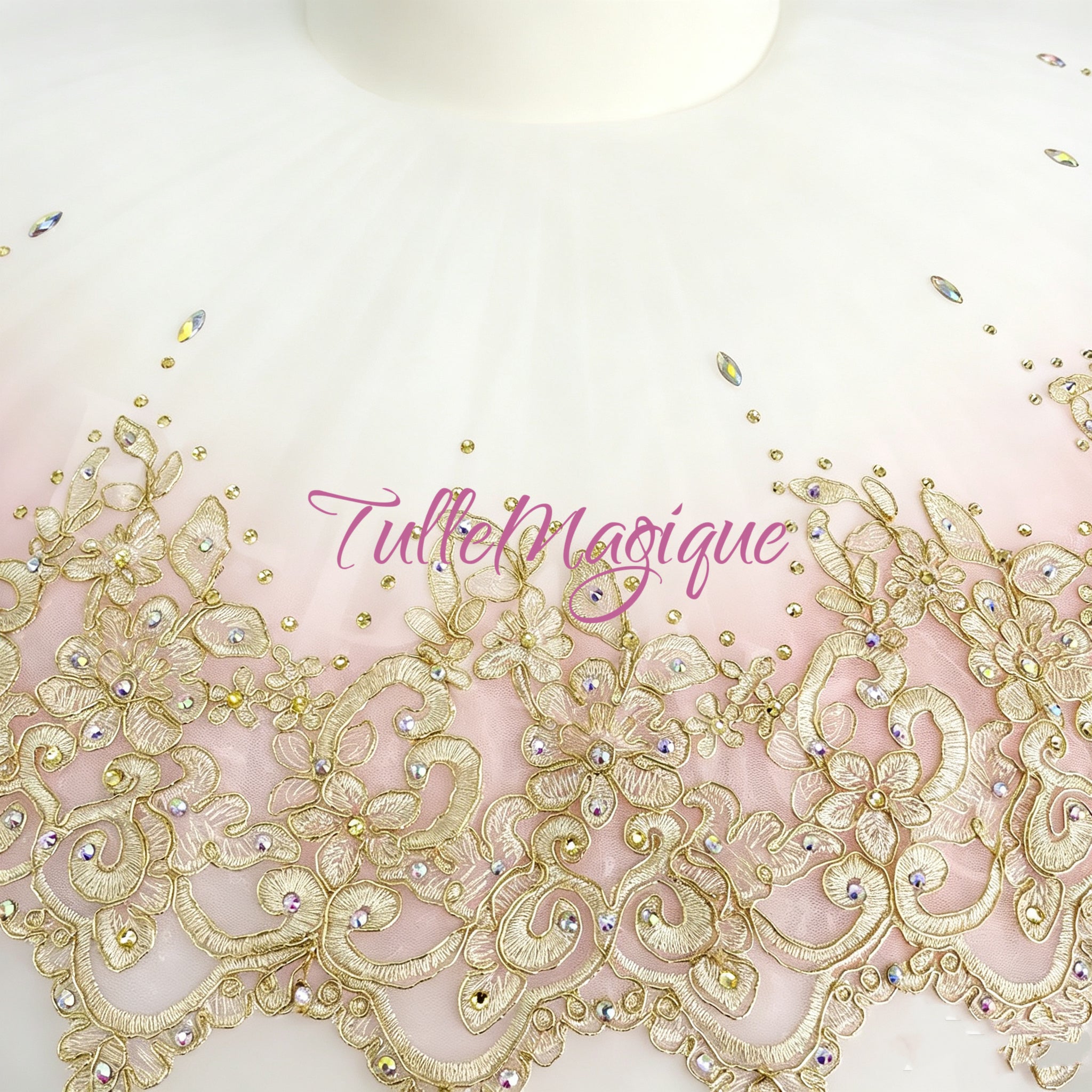 Custom professional ballet competition stage costume, multi-layered white and pink pancake tutu with exquisite gold detailing.