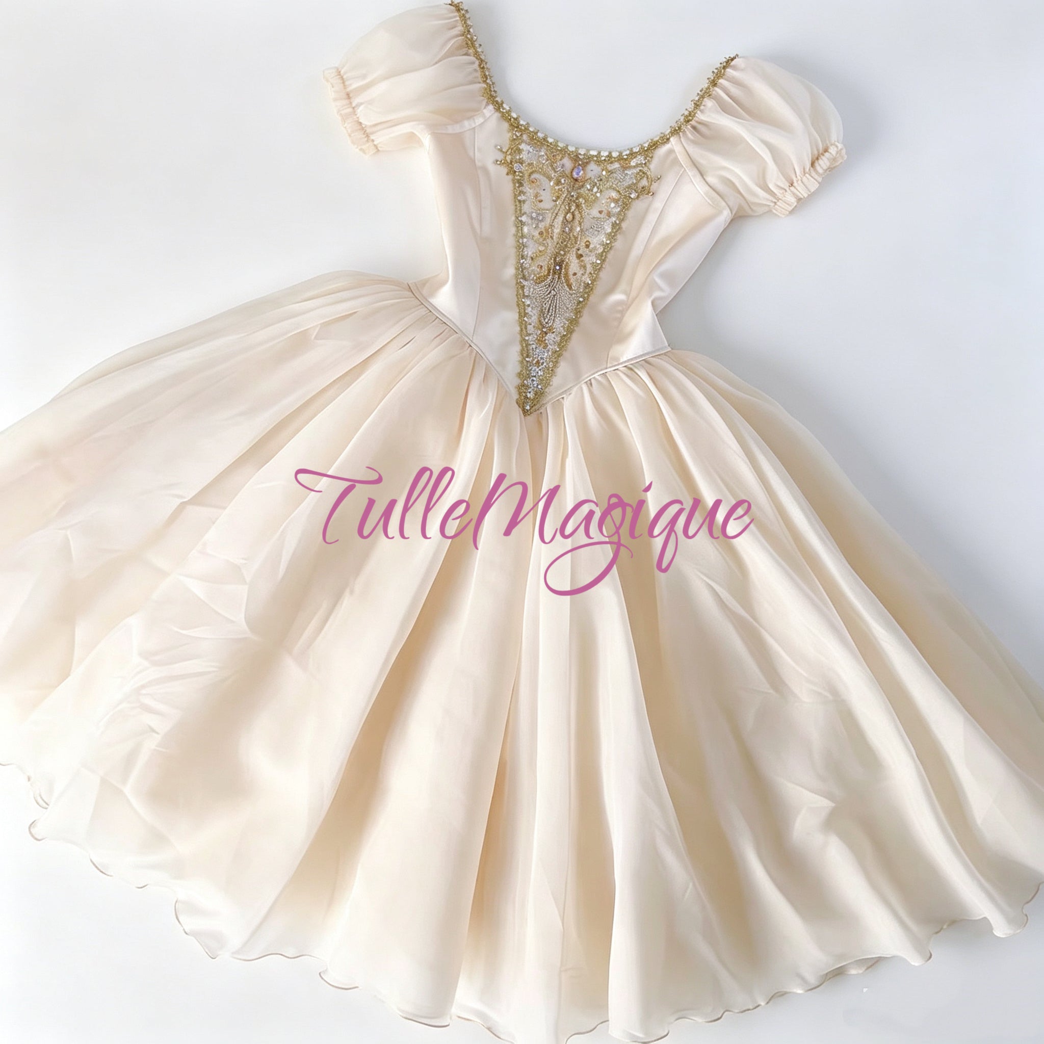High-end custom romantic tutu for YAGP competition, showcasing a pure and holy youth goddess look with delicate hand-beaded details.