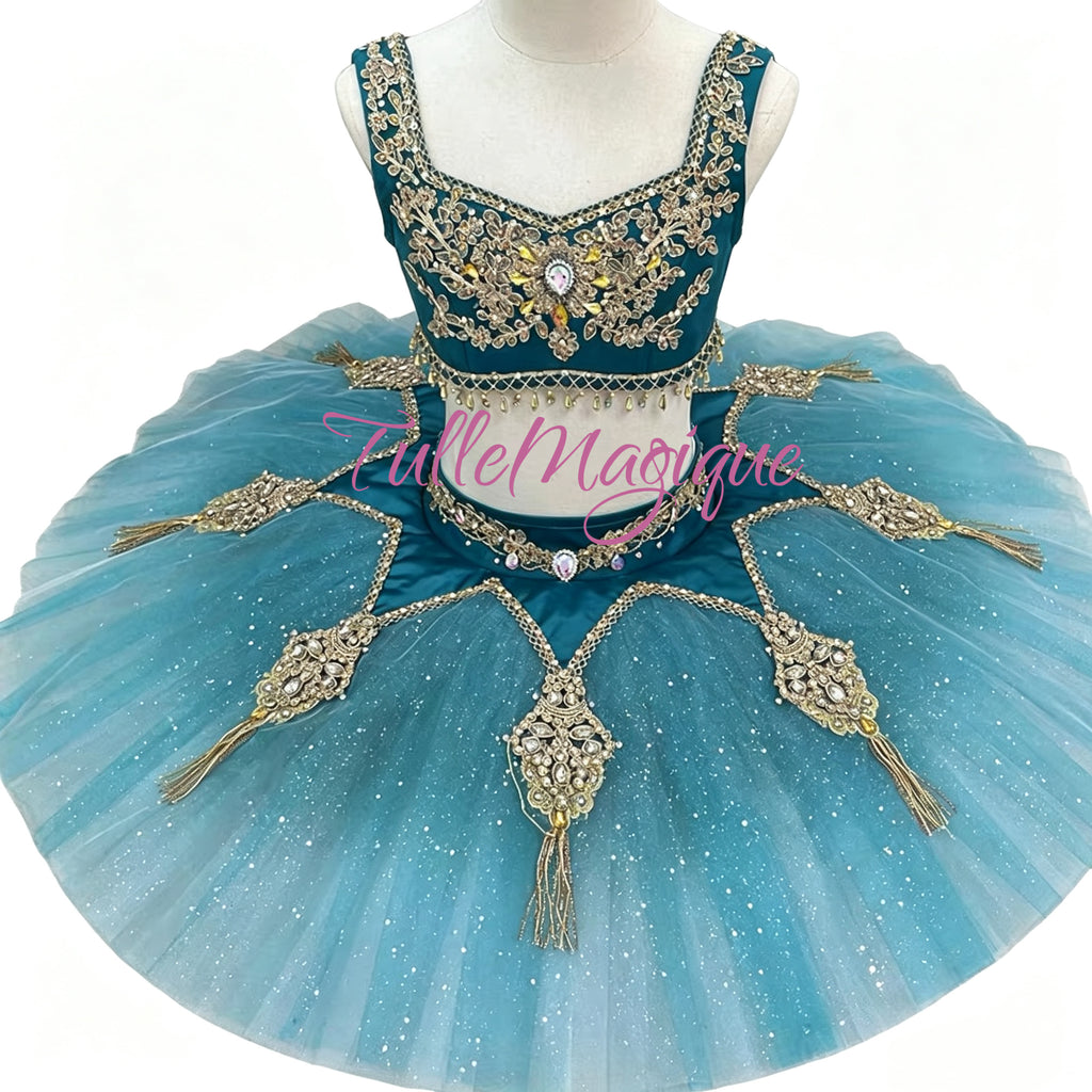 Luxury handmade two-piece platter tutu in turquoise blue with golden applique, ideal for classical ballet stage performances of Le Corsaire, La Bayadère and Scheherazade.