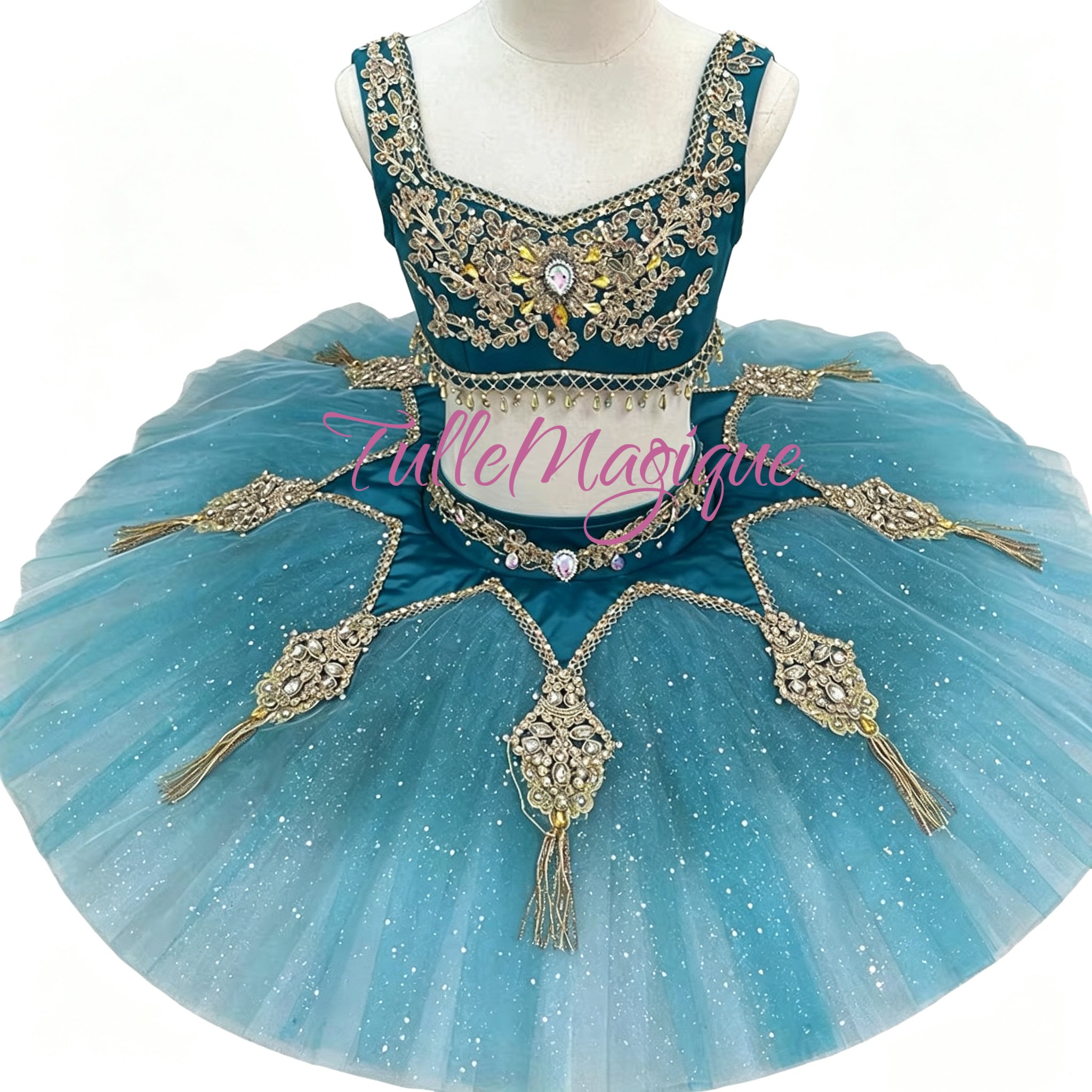 Luxury handmade two-piece platter tutu in turquoise blue with golden applique, ideal for classical ballet stage performances of Le Corsaire, La Bayadère and Scheherazade.