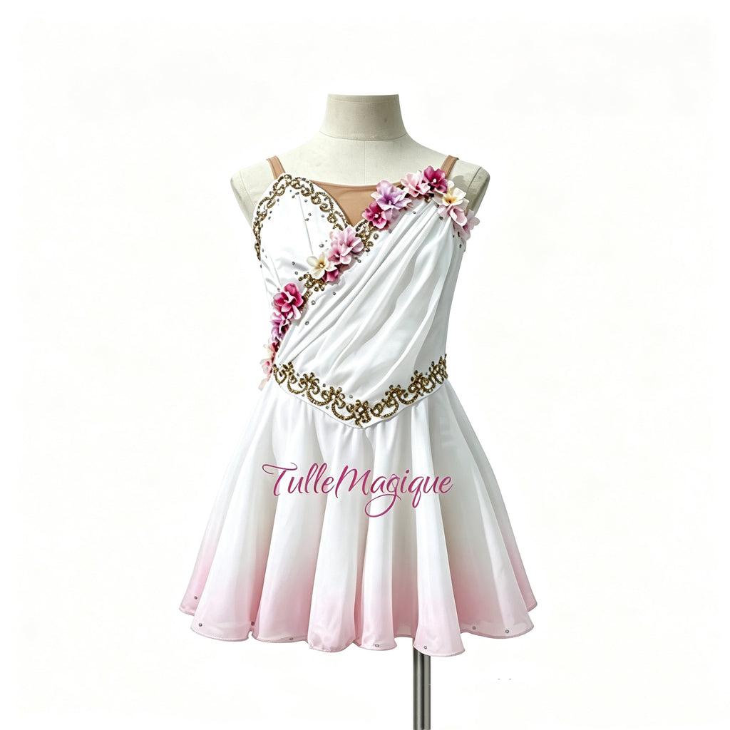 cupid Greek style ballet tunic for lyrical and classical variations, showcasing a white and light pink ombre layered chiffon skirt, adorned with detailed gold embroidery and pink-white flowers.