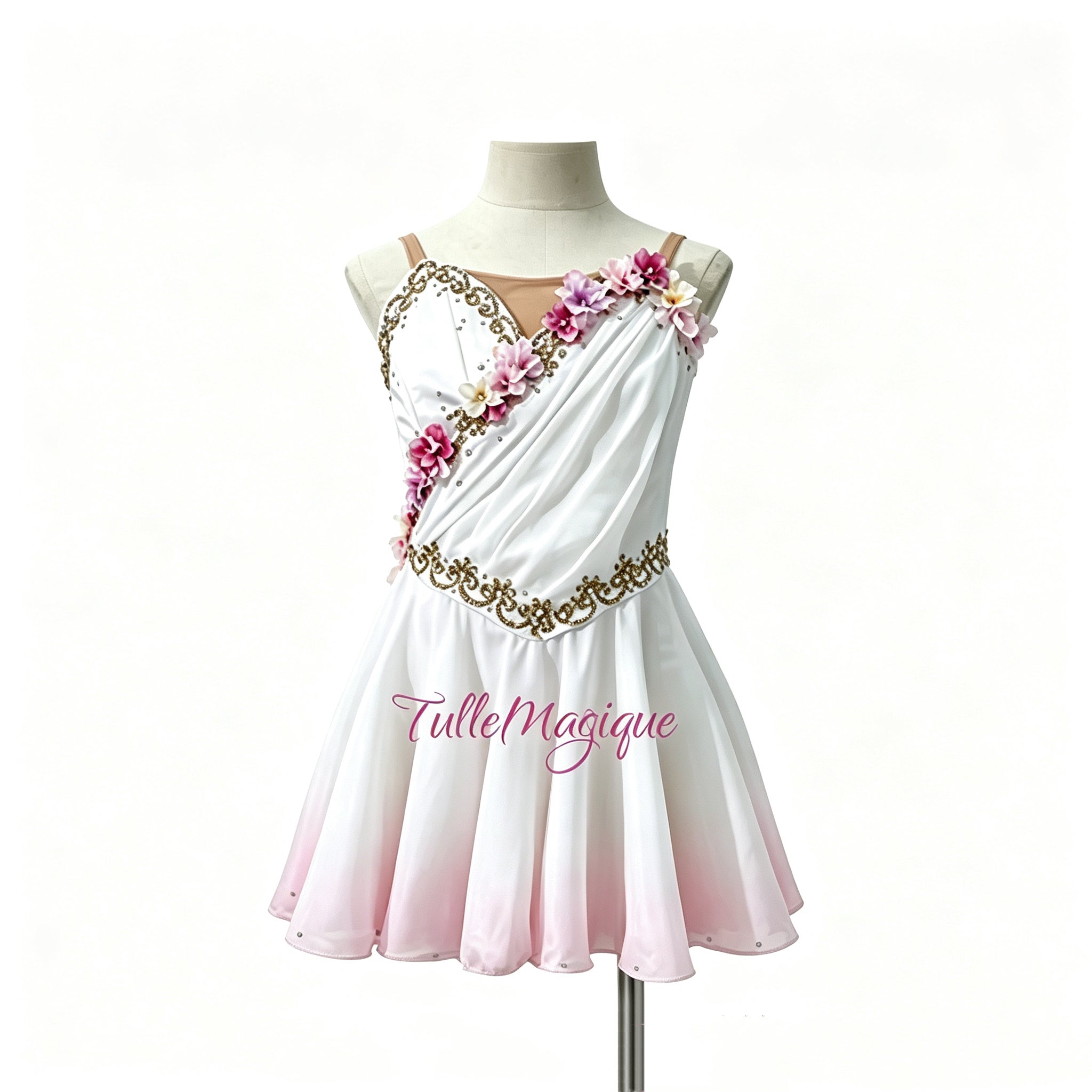 cupid Greek style ballet tunic for lyrical and classical variations, showcasing a white and light pink ombre layered chiffon skirt, adorned with detailed gold embroidery and pink-white flowers.