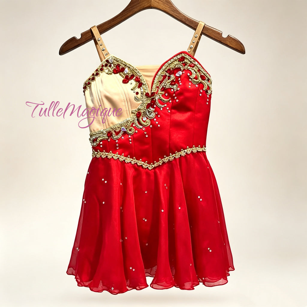 Professional Diana and Acteon ballet variation costume, featuring an asymmetric red satin and champagne gold bodice, luxury gold baroque embroidery with red crystals, and a bouncy tiered short skirt.