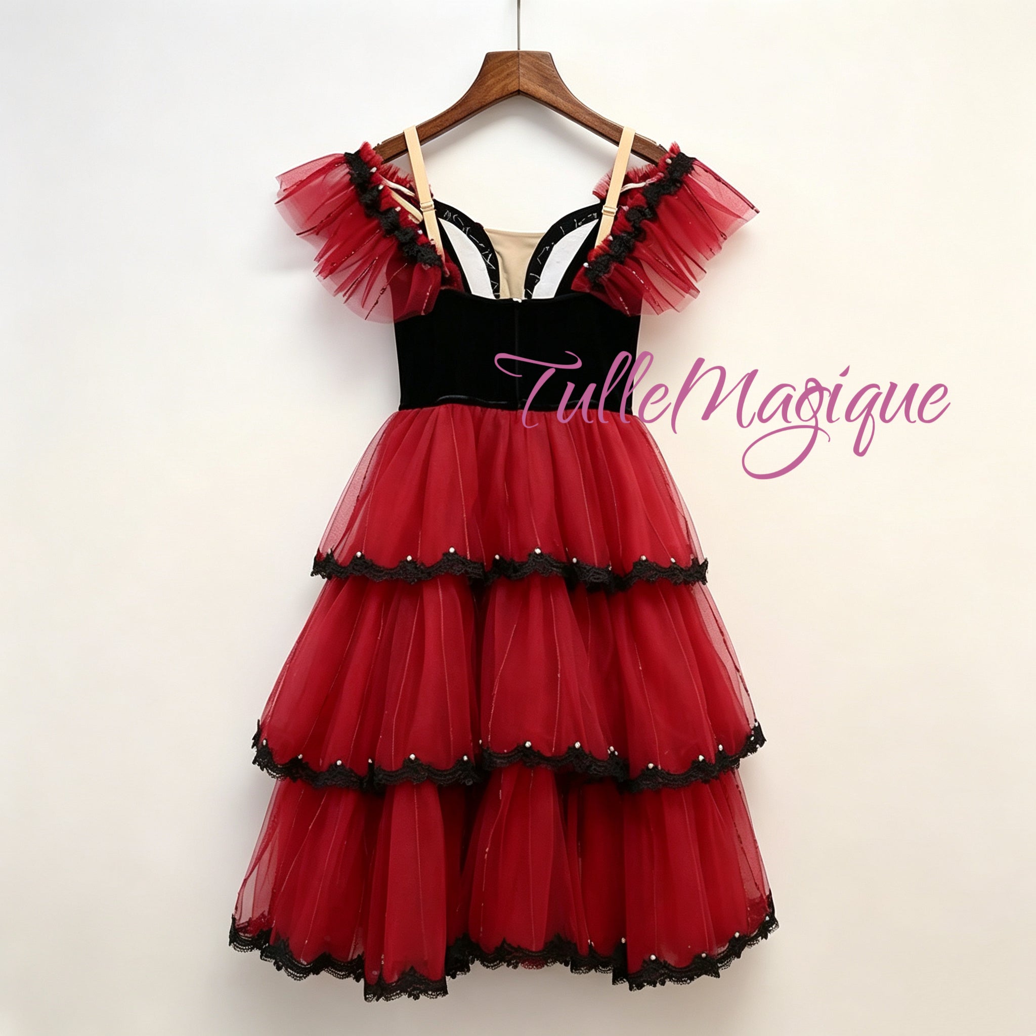 Professional Don Quixote ballet costume for Kitri variation, dramatic black velvet bodice back with hooks closure.
