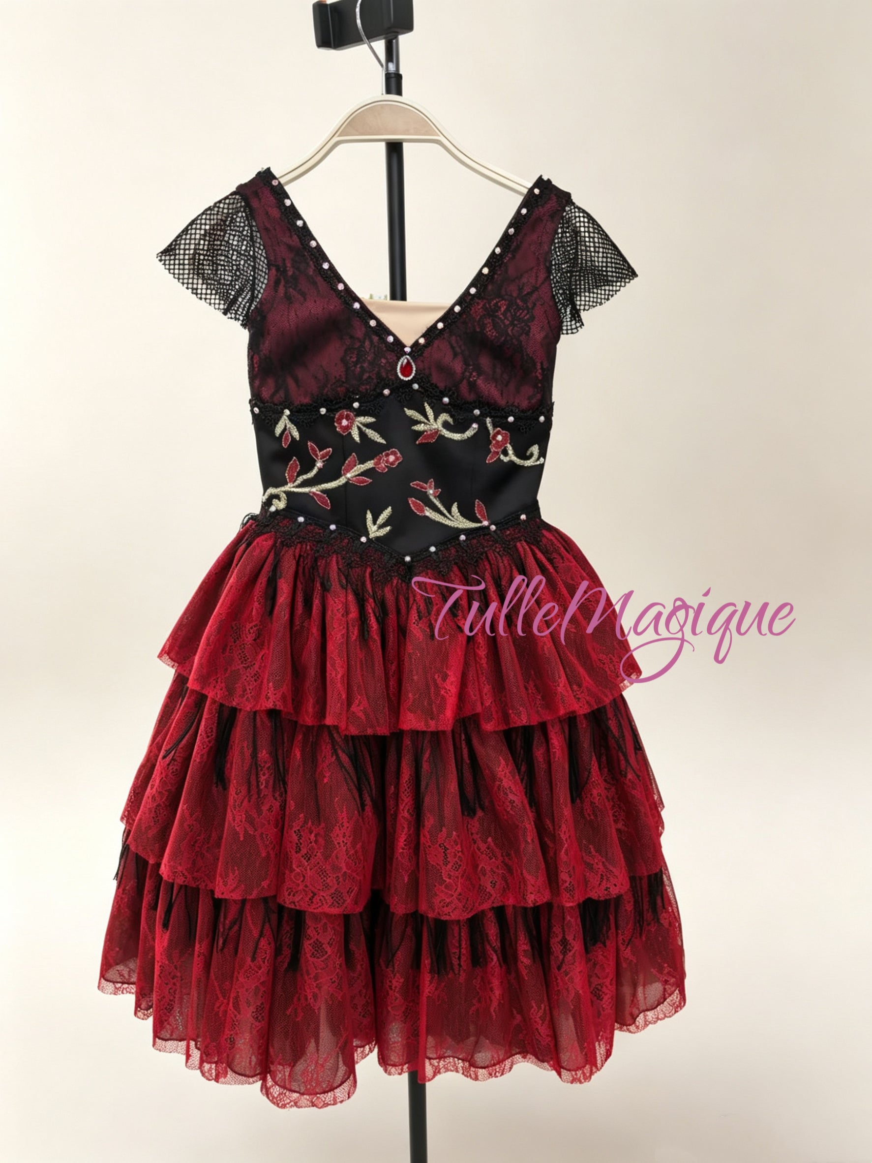 Professional Don Quixote ballet costume for Kitri or Esmeralda gypsy variation dress with floral embroidered bodice and mesh sleeves, dramatic dark red and black tiered lace romantic tutu.