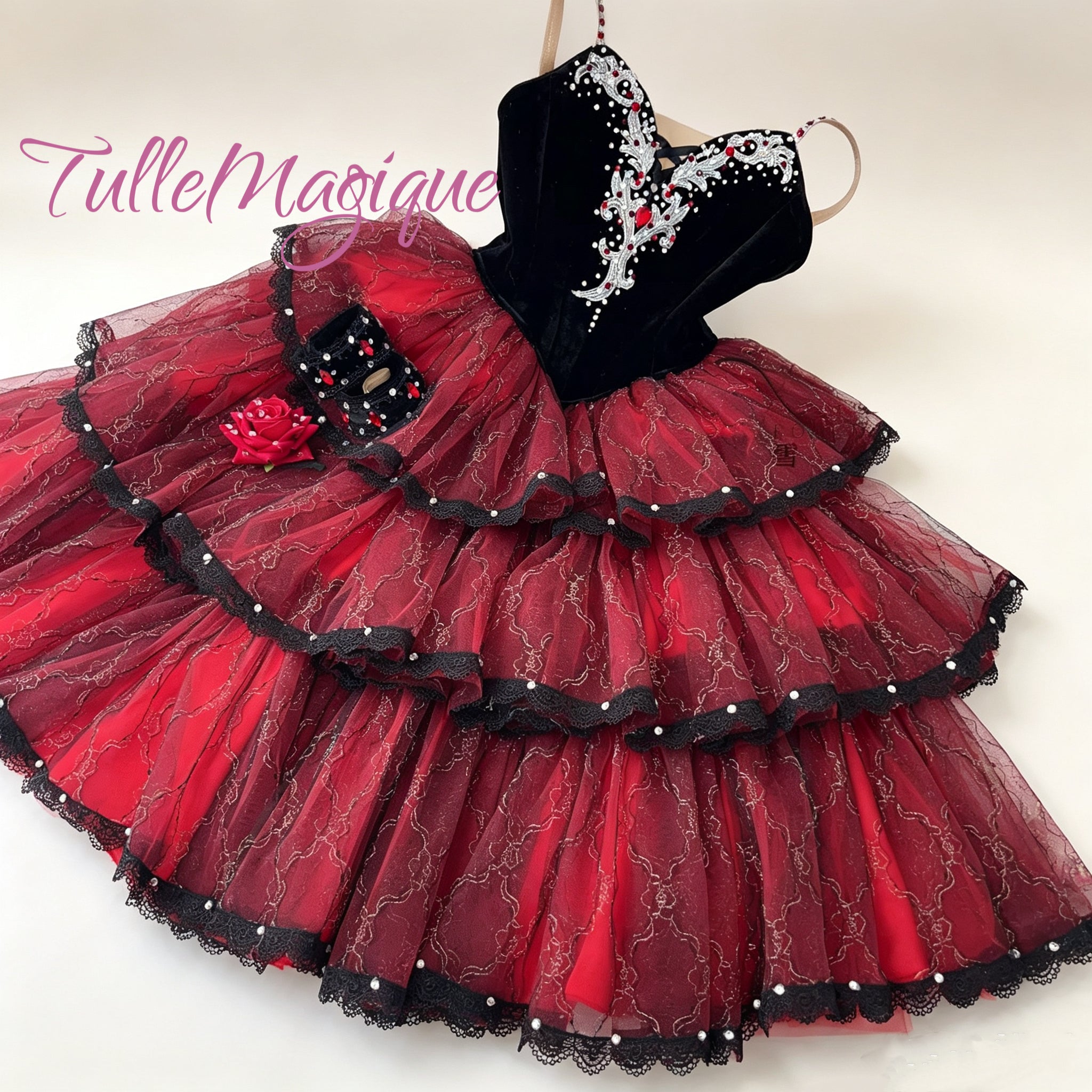 Professional Don Quixote ballet costume for Kitri or Mercedes variation, dramatic black velvet and red tiered romantic tutu.