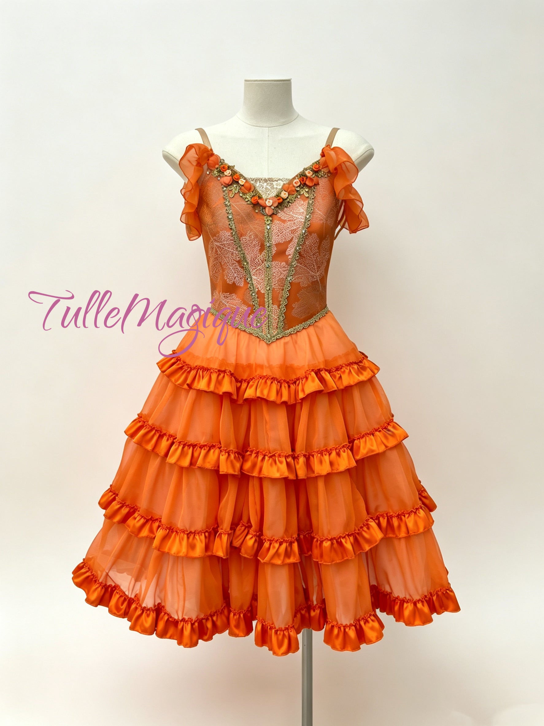 Professional Don Quixote ballet costume for Mercedes variation, vibrant orange tiered spanish romantic character tutu for YAGP.