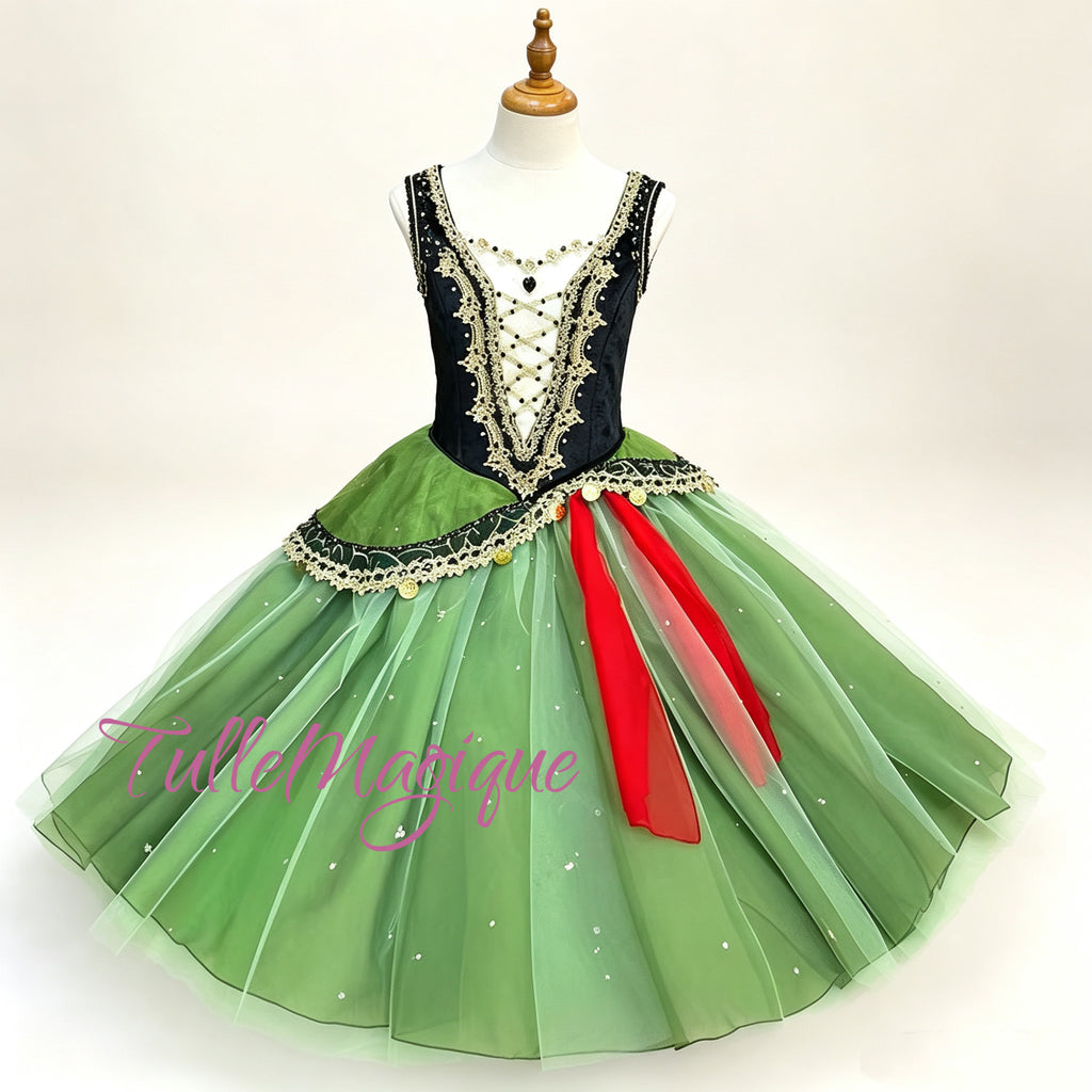Professional Esmeralda ballet variation costume for YAGP competition, dramatic emerald green and black gypsy style romantic tutu.