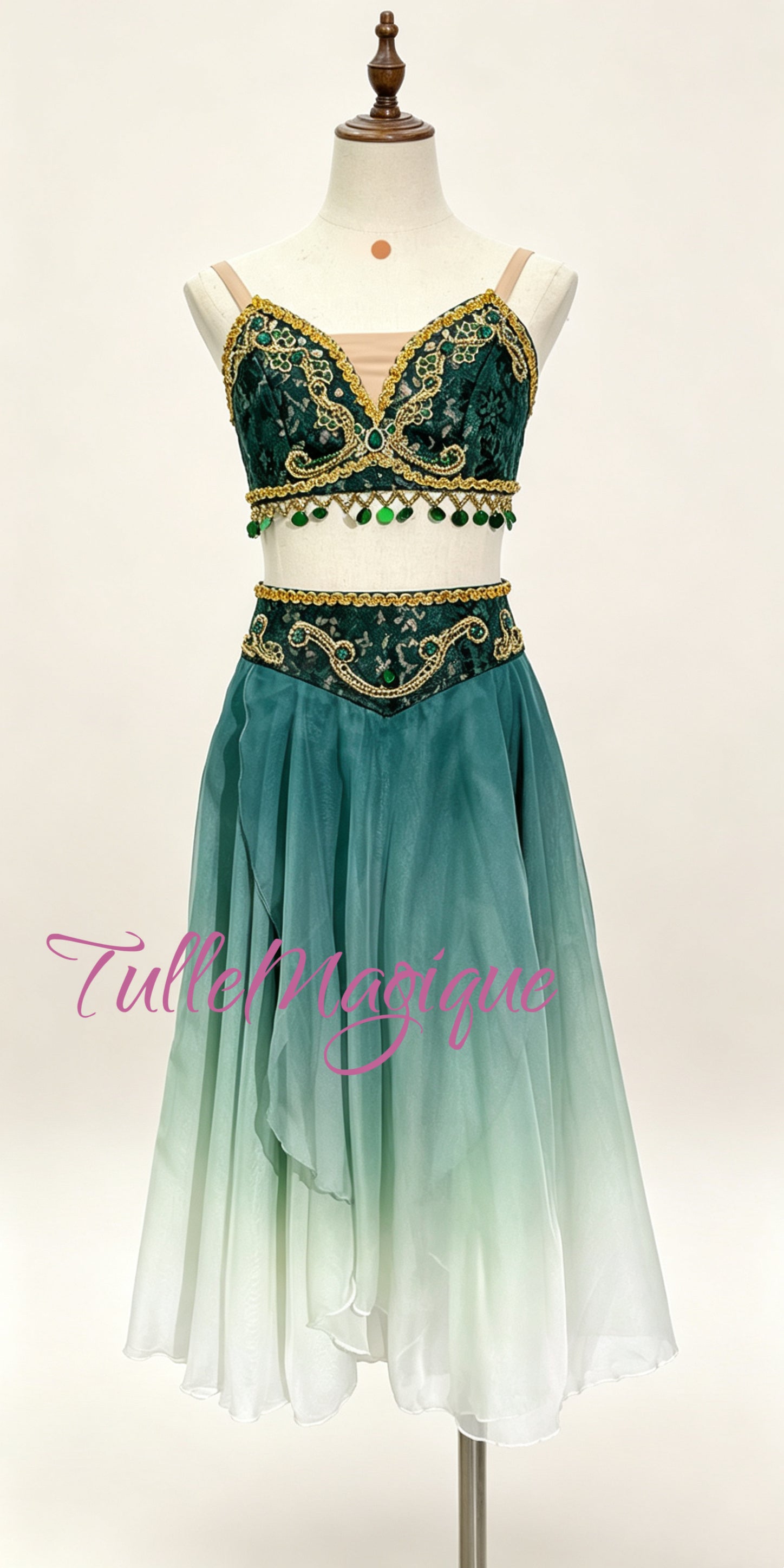 Professional emerald green ombre two-piece character ballet costume for Le Corsaire competition solos.