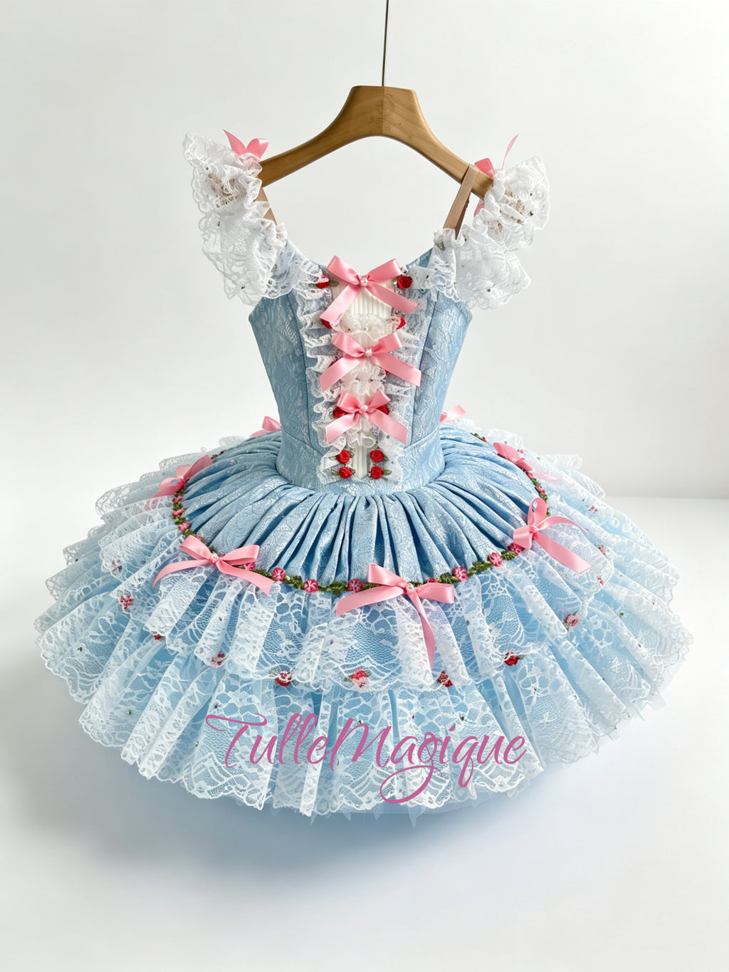 Professional The Fairy Doll classical tutu ballet costume, premium baby blue jacquard and pink ribbon bows stage wear.