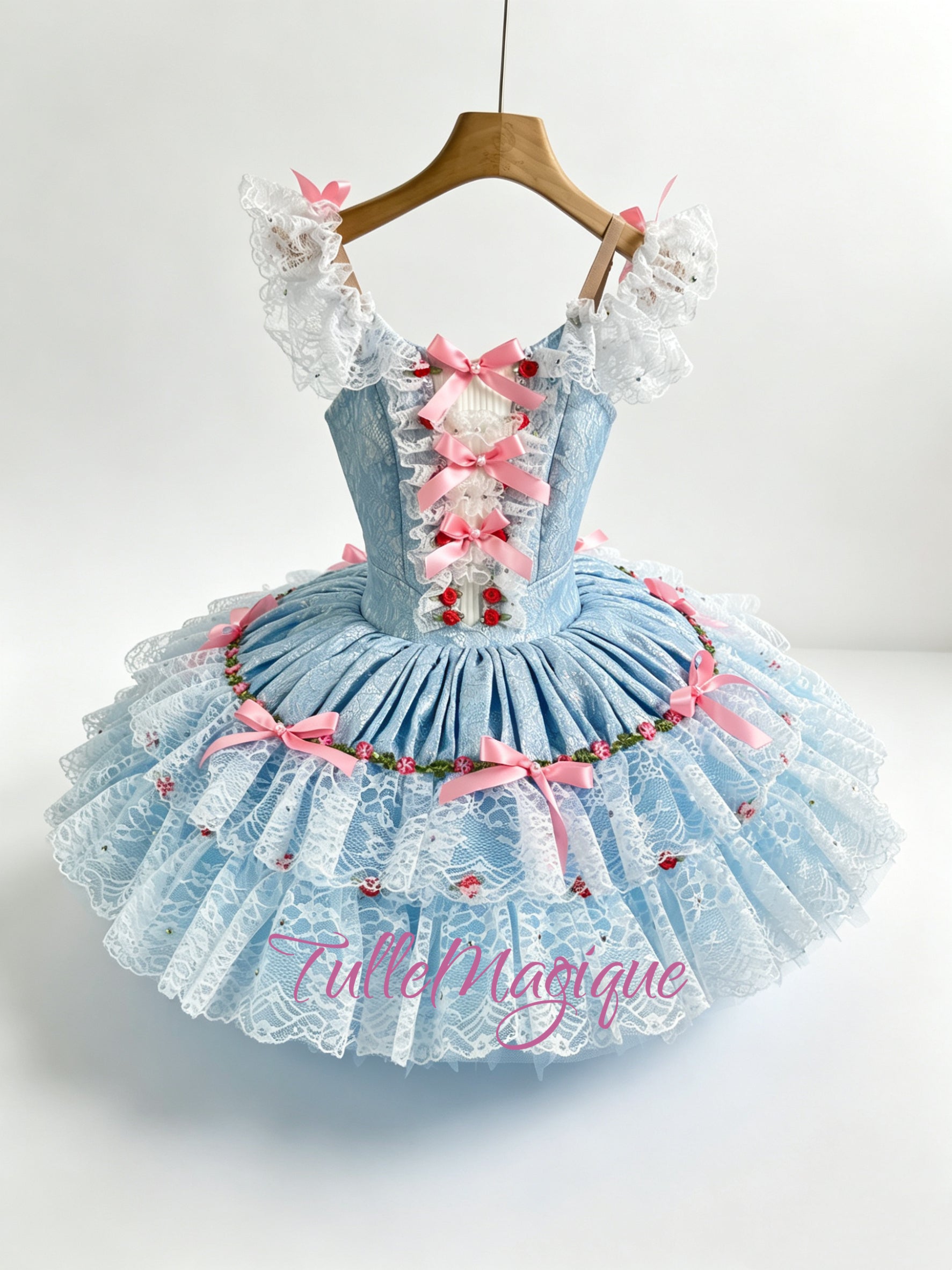 Professional The Fairy Doll classical tutu ballet costume, premium baby blue jacquard and pink ribbon bows stage wear.
