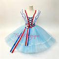 Flames of Paris ballet variation costume for YAGP competition, professional light blue tri-color romantic ballet tutu.