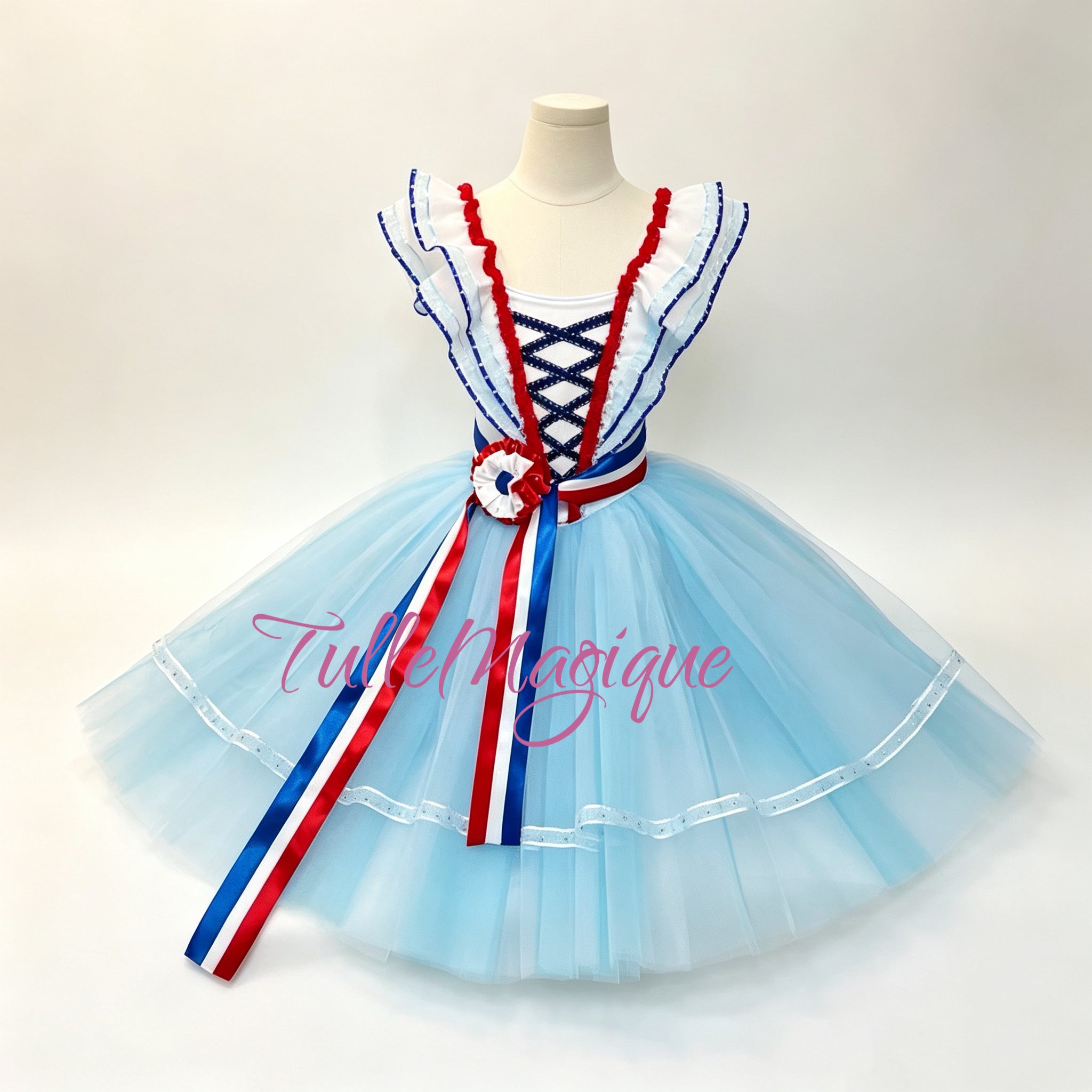 Flames of Paris ballet variation costume for YAGP competition, professional light blue tri-color romantic ballet tutu.