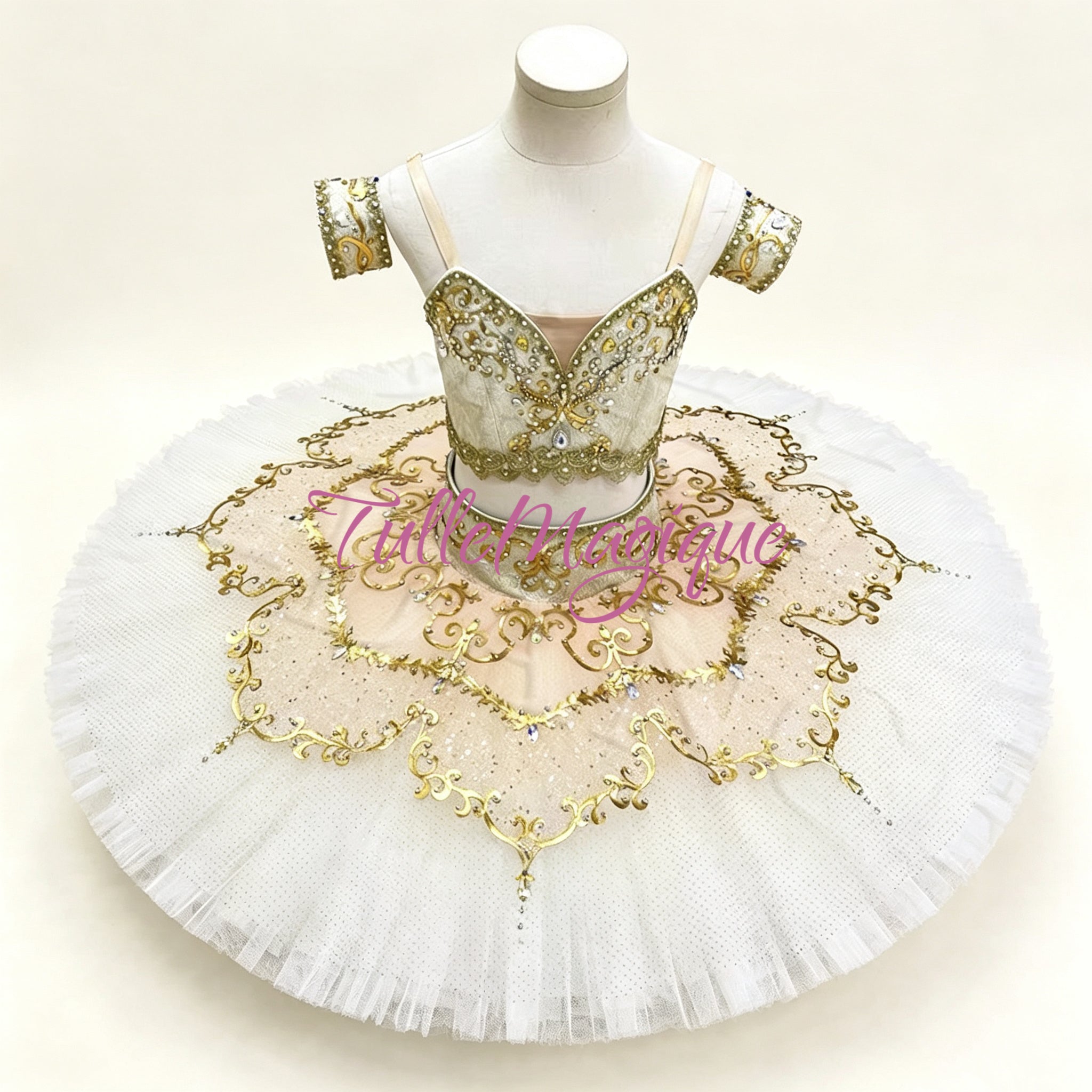 Professional two-piece ballet tutu for Gamzatti variation in La Bayadère in peach Champagne gold color.