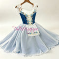  Professional Giselle Act 1 romantic ballet tutu featuring a royal navy blue velvet bodice with white ruffle sleeves and floral apron lace detail.