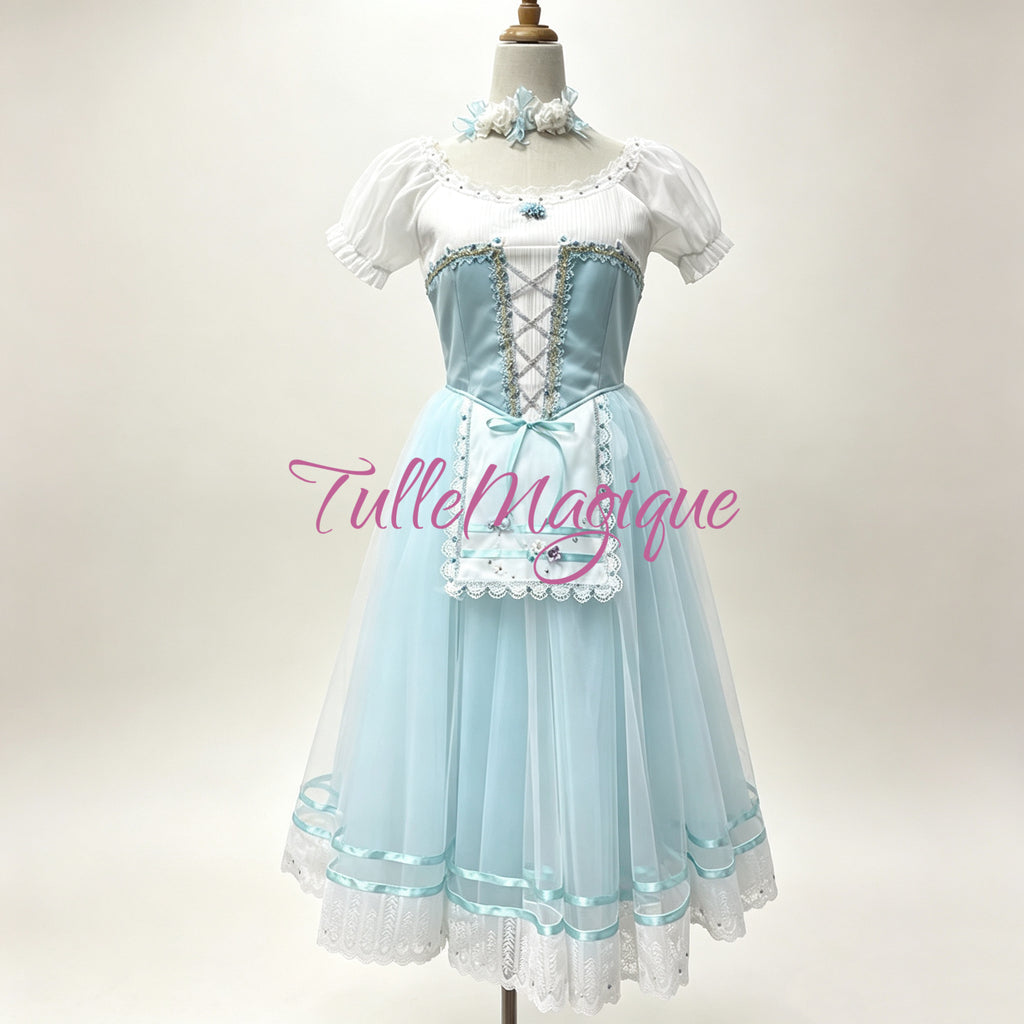 Professional aqua blue romantic ballet tutu  featuring a light blue satin bodice with silver criss-cross ribbon lacing, a lace-trimmed apron, and matching long soft tulle tutu skirt.