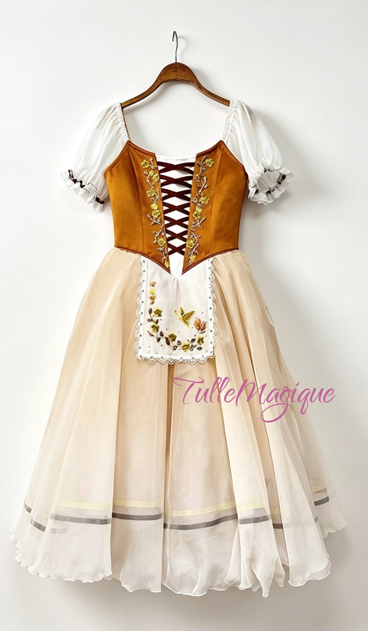 Professional Giselle peasant ballet costume featuring a caramel satin bodice with criss-cross ribbon lacing and a champagne romantic tulle skirt.