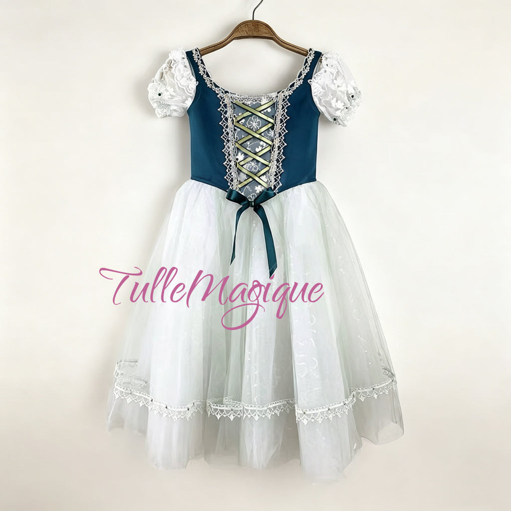 Professional romantic ballet tutu with dark teal satin bodice, white lace puff sleeves, and a flowing white green accent peasant style skirt for Giselle Act 1 or Swanhilda variations