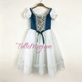 Professional romantic ballet tutu with dark teal satin bodice, white lace puff sleeves, and a flowing white green accent peasant style skirt for Giselle Act 1 or Swanhilda variations
