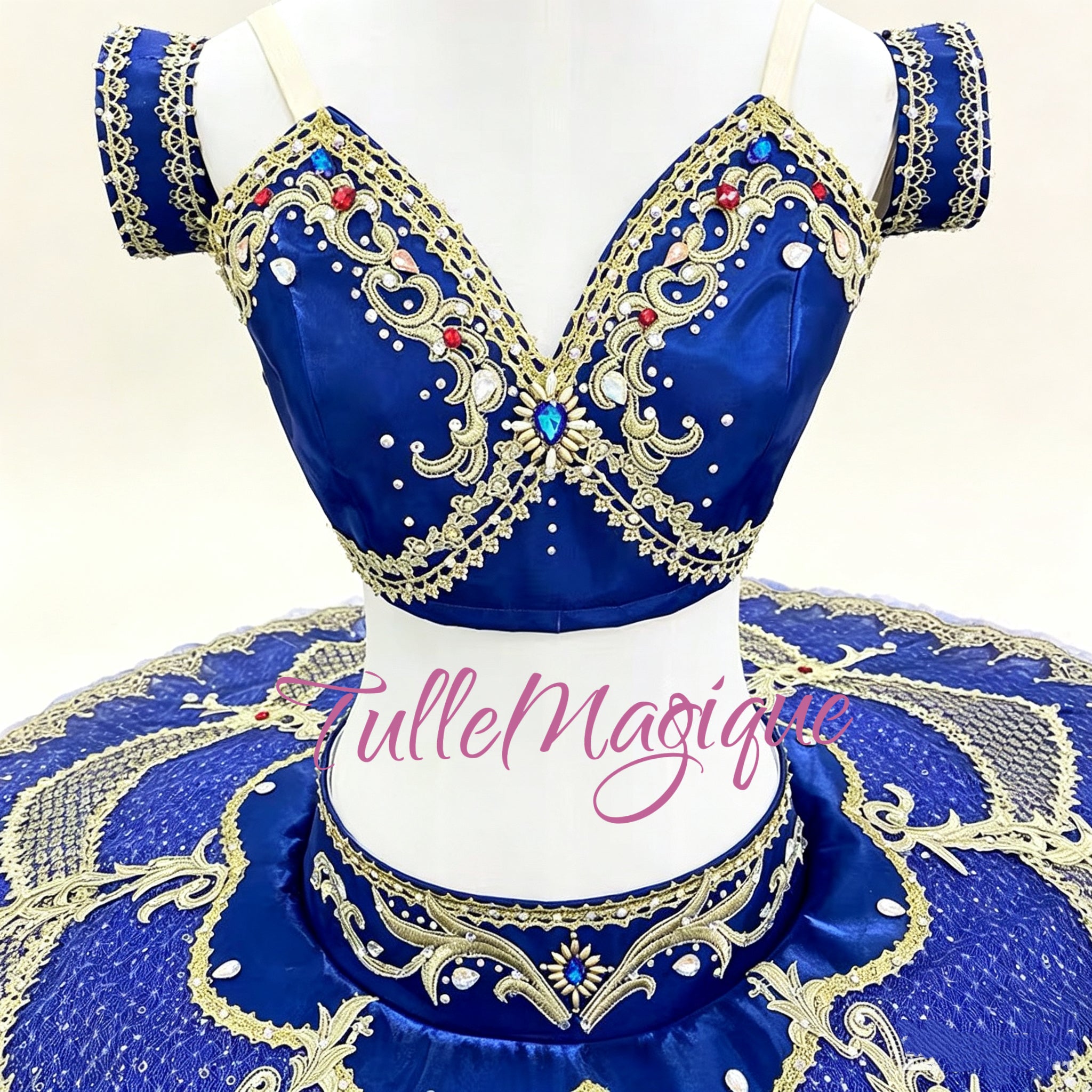 Detailed gold embroidery and gemstone accents on professional royal blue Two piece ballet tutu for Gamzatti or Odalisque in Le Corsaire.