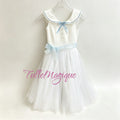 Front full view of a professional white and light blue romantic ballet dress for Graduation Ball ballet repertoire featuring a sleeveless schoolgirl bodice with a sailor collar and a white tulle skirt