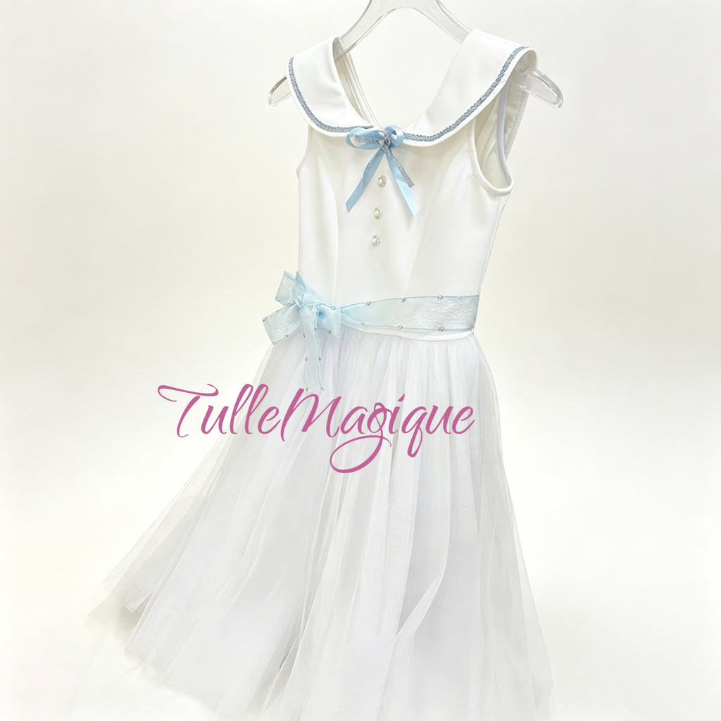 Detailed view of the sparkling light blue organza waist sash on the Graduation Ball ballet dress tied in a side bow with subtle micro-rhinestone details
