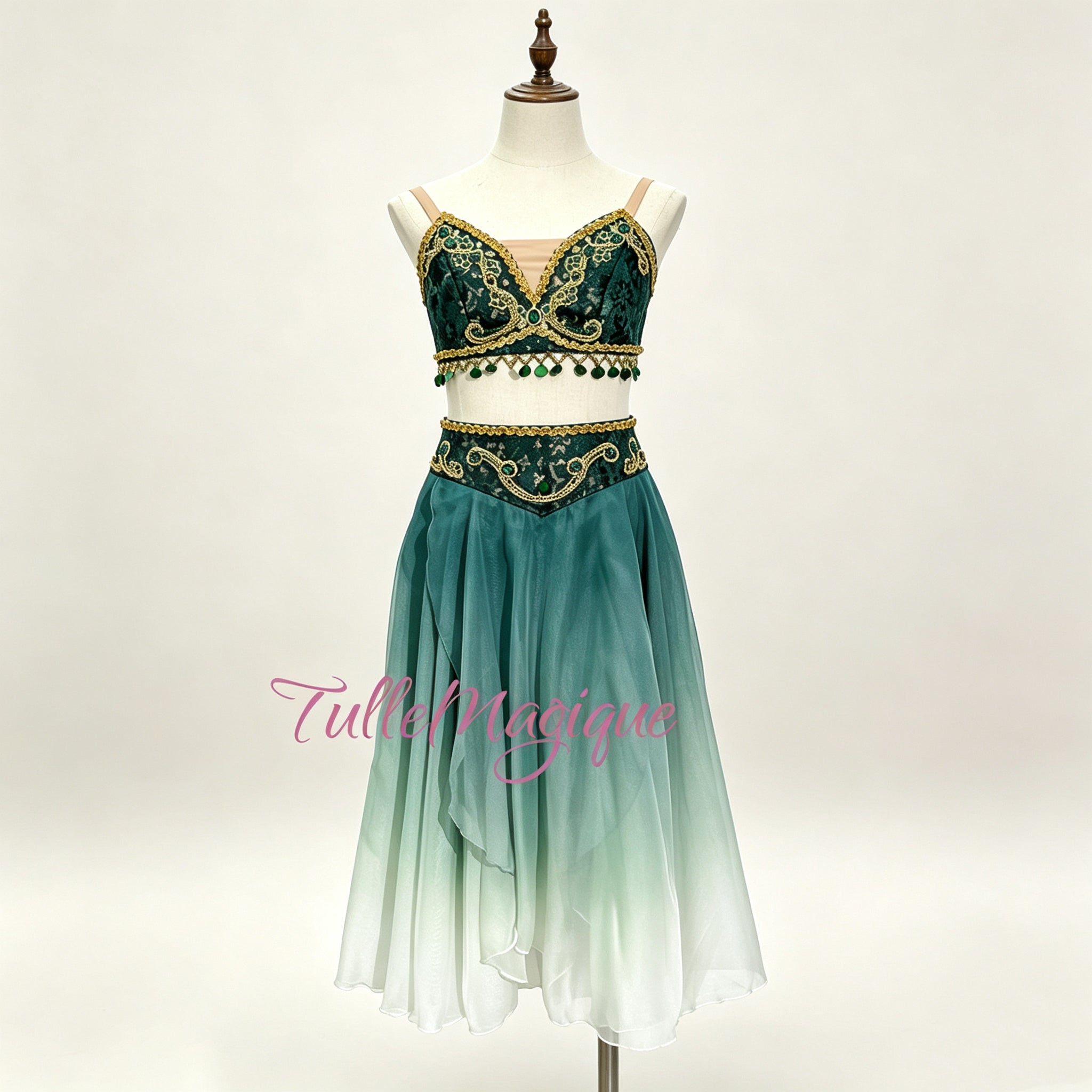 Professional 2-Piece style lyrical ballet tutu costume for Le corsaire featuring green lace bodice with gold embroidery and beadwork on bodice and Elegant flowing gradient chiffon character skirt for oriental-themed professional ballet performances.