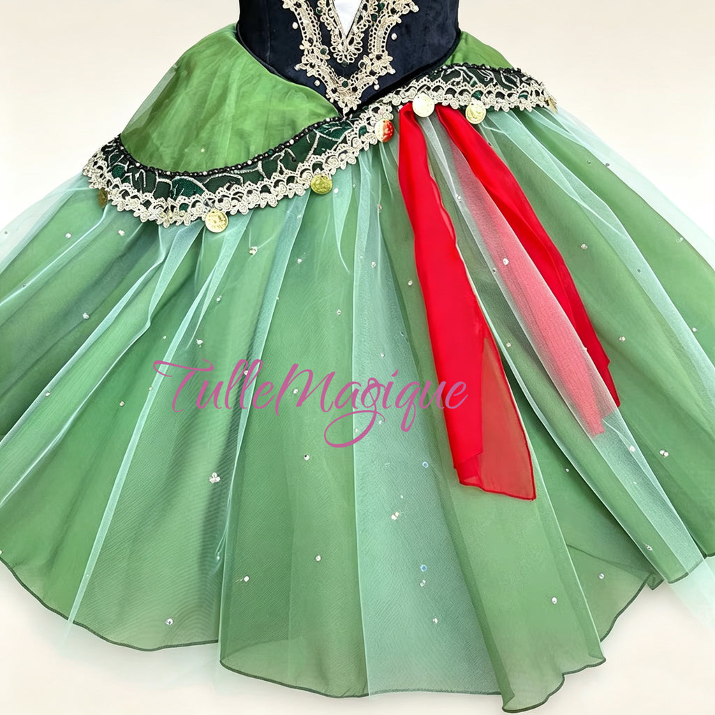 Made-to-measure professional gypsy tambourine dance costume featuring exotic gold coin trim and crimson red ribbon accents