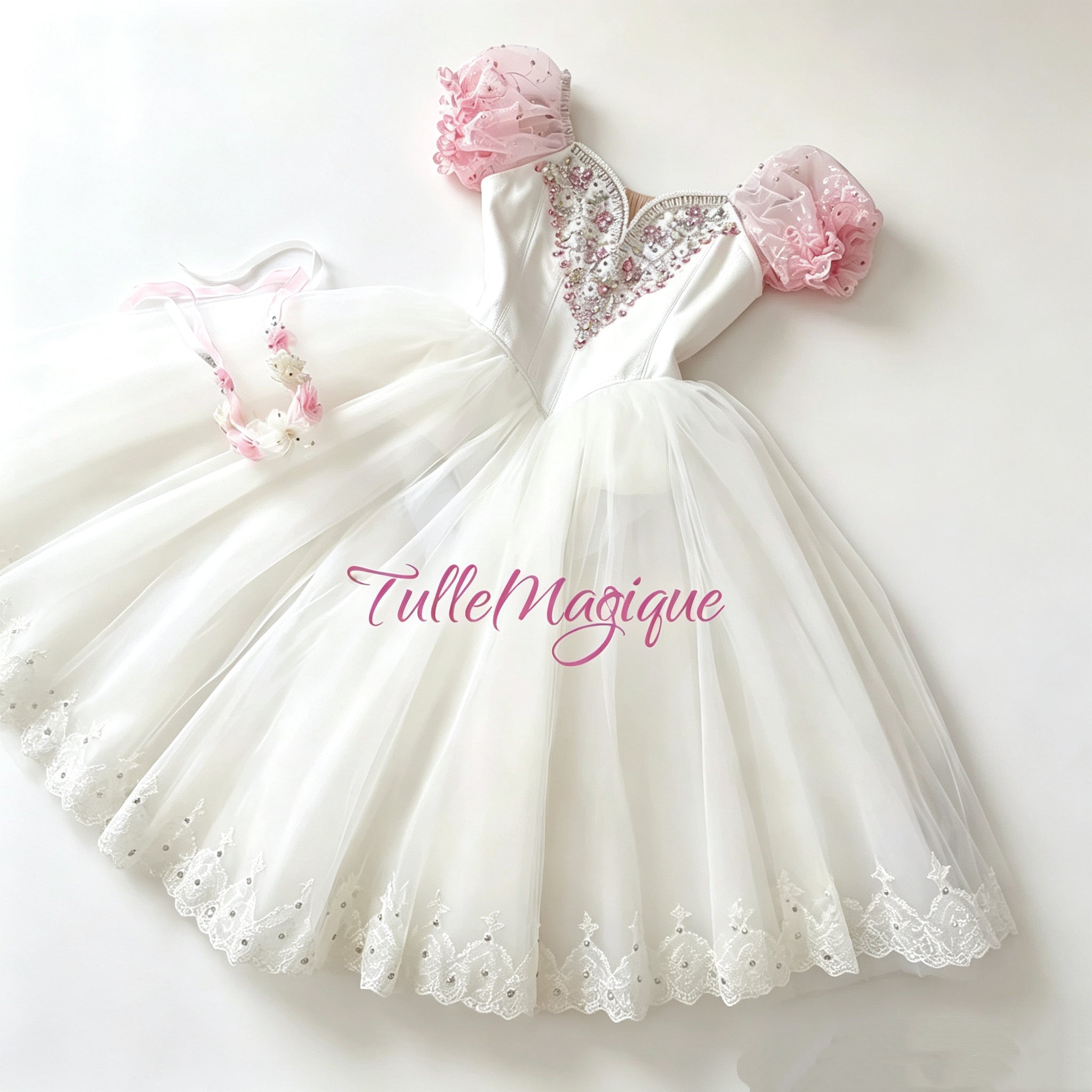 Professional romantic ballet tutu with flowing white long skirt and pink puff sleeves, featuring a pink floral headpiece for Clara in the Nutcracker or Coppelia, Aurora Dawn , Nymph variations.