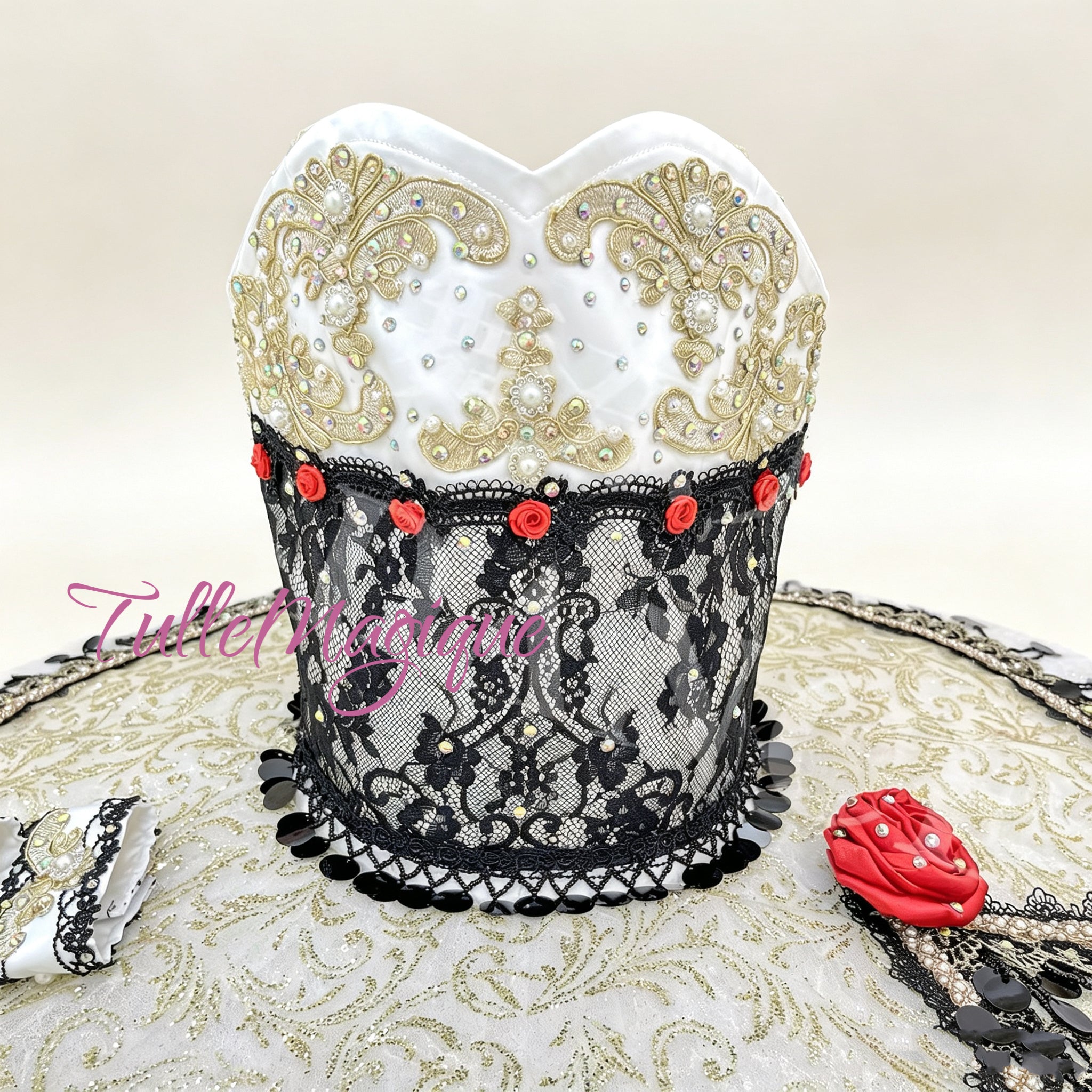 imperial Spanish court style paquita ballet costume bodice with black lace and gold  Damask Pattern