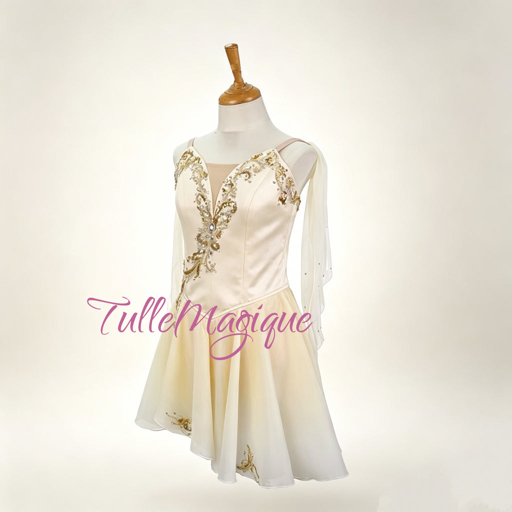 Cream ivory Grecian chiton style ballet dress with exquisite gold embroidery and soft flowing chiffon skirt.⁠