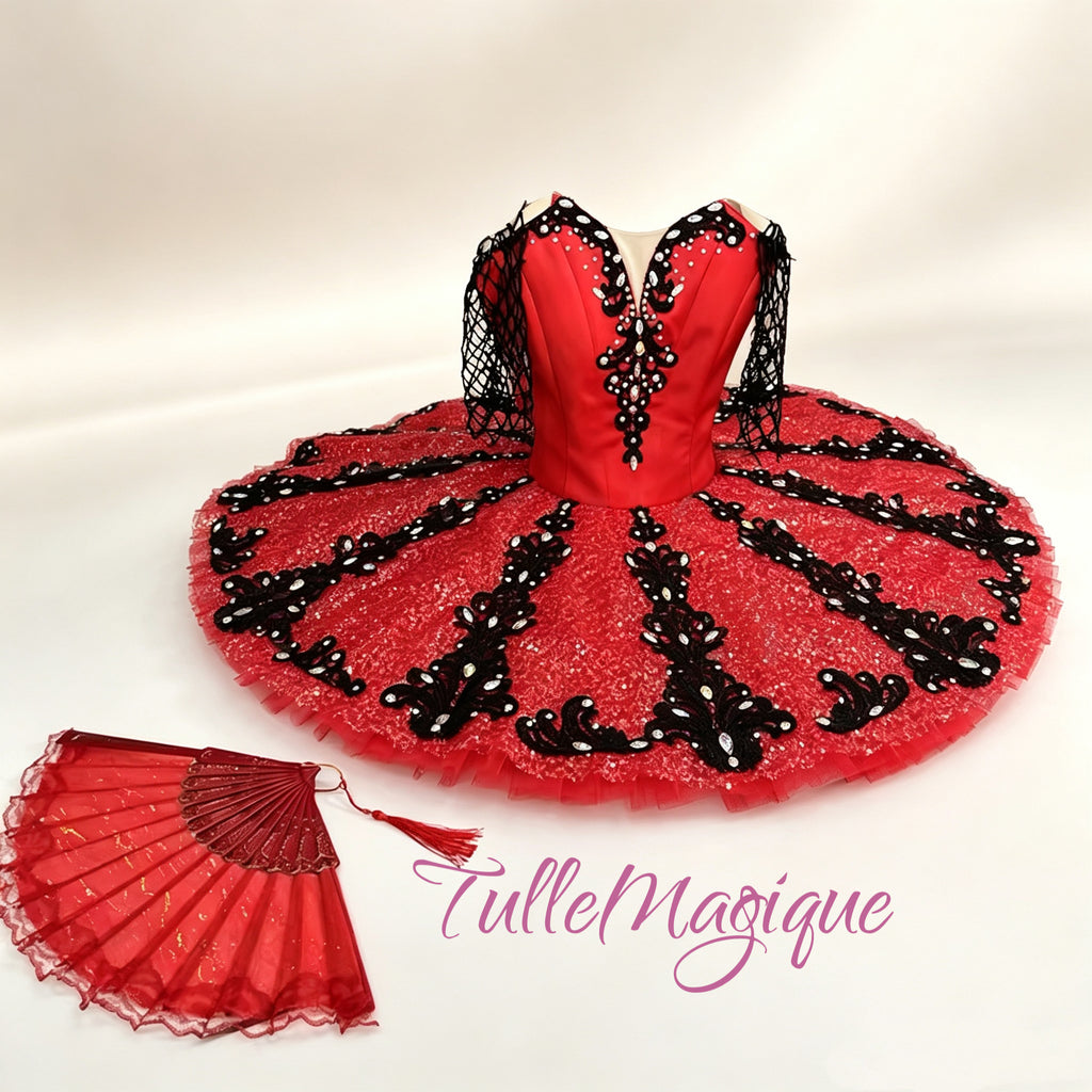Professional red and black Kitri ballet tutu with fan for Don Quixote.